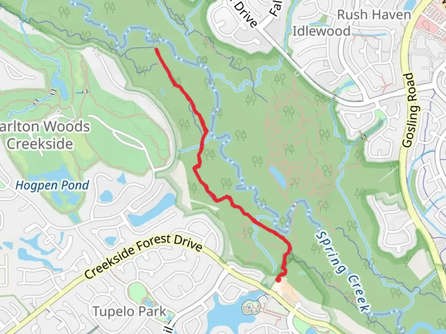 An image depicting the trail Spring Creek Nature Trail - George Mitchell Nature Preserve and its surrounding area.