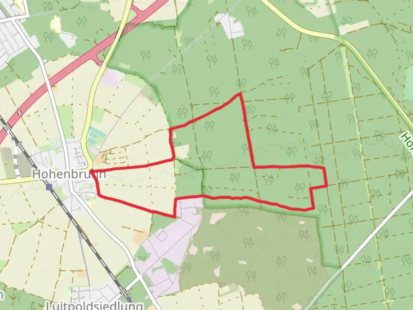 An image depicting the trail Hohenbrunner Rundwanderweg Rot and Blau and its surrounding area.