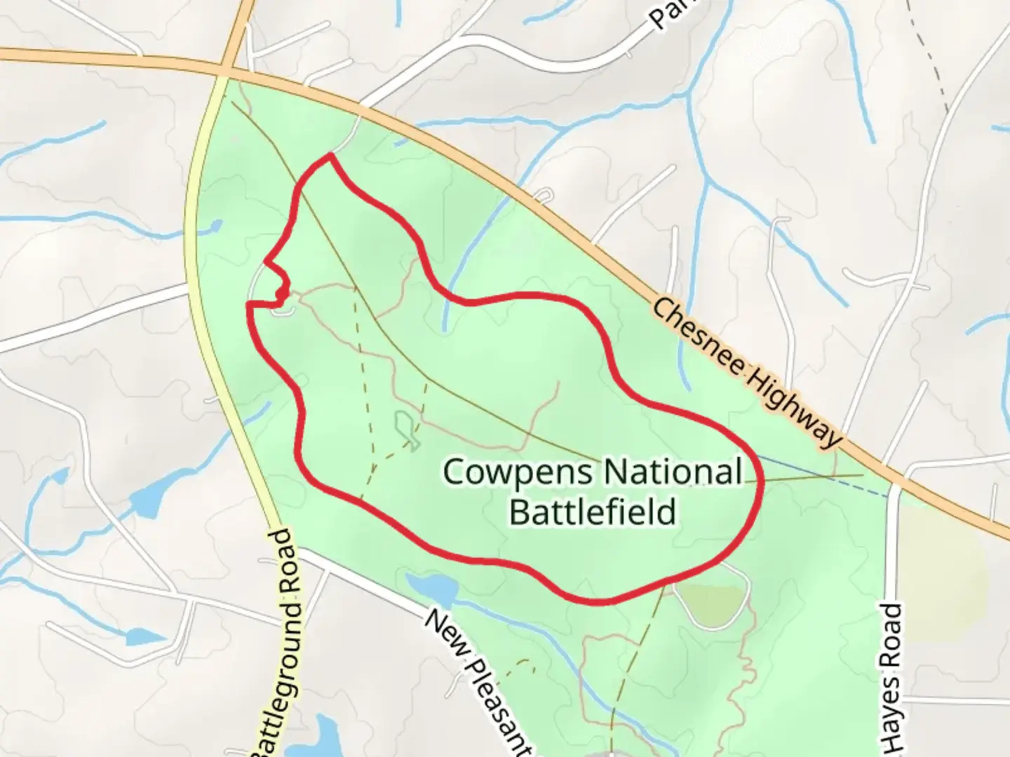 An image depicting the trail Cowpens National Battlefield Loop and its surrounding area.