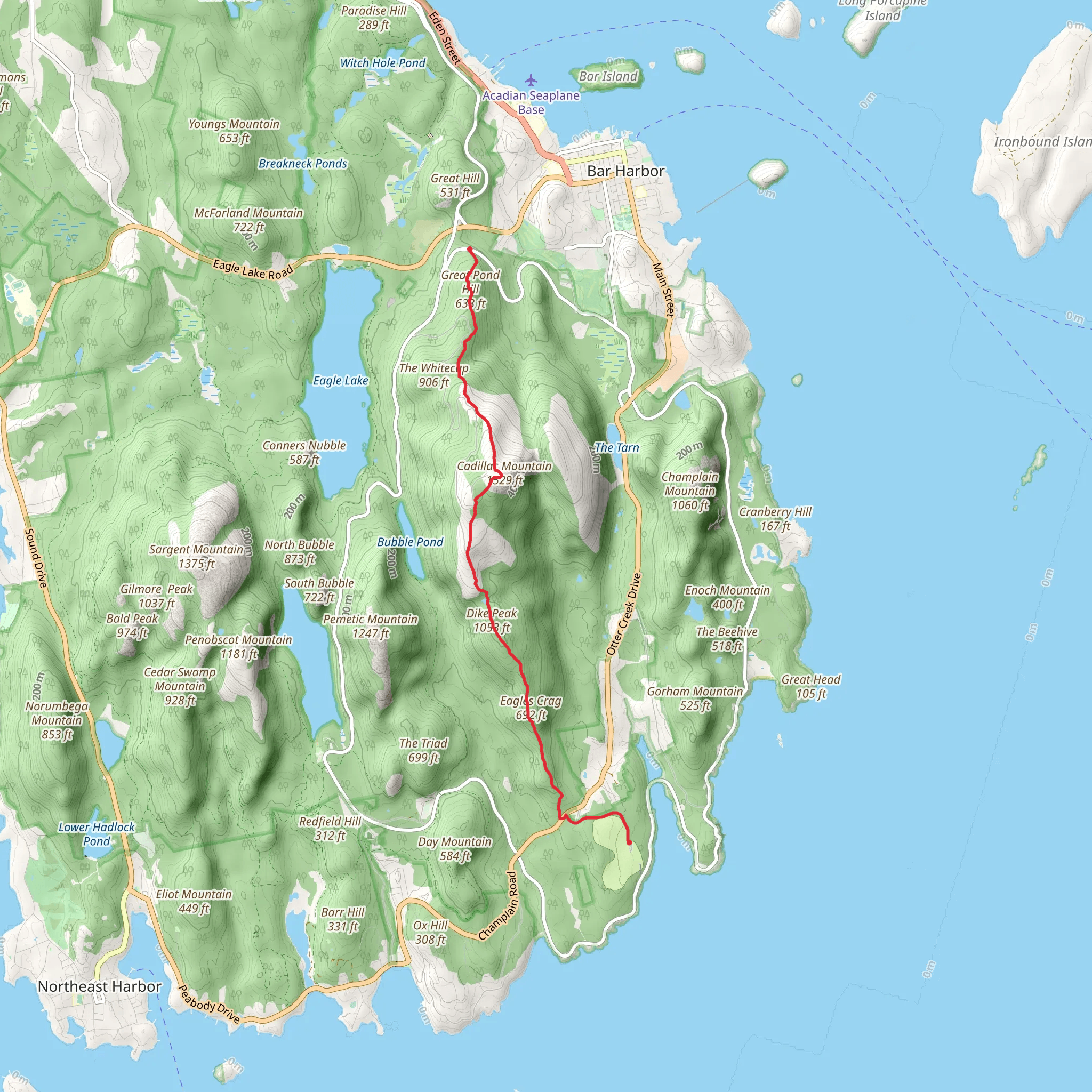 Great Pond Hill and Cadillac Mountain mobile static map