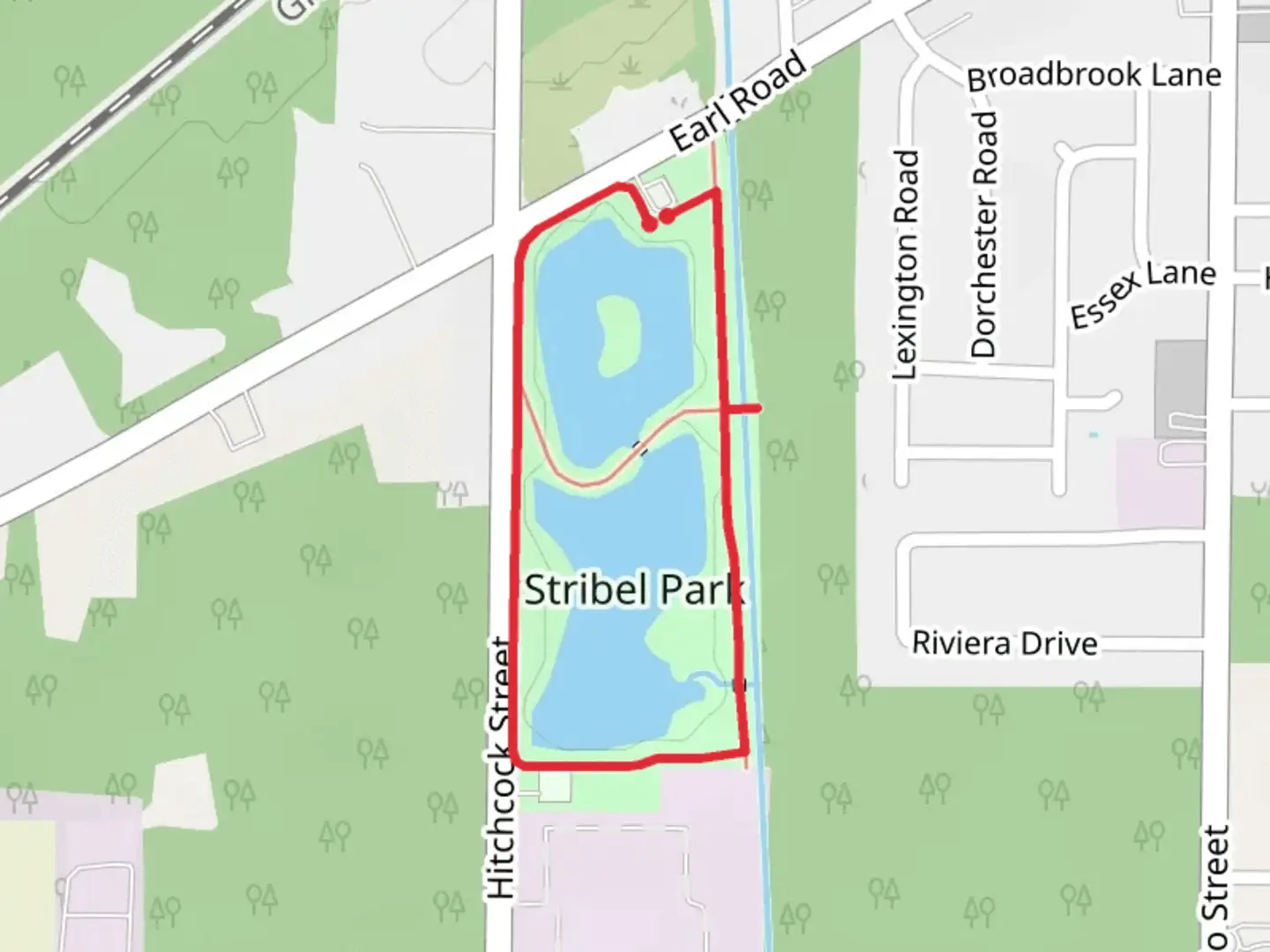 An image depicting the trail Stribel Park Loop and its surrounding area.