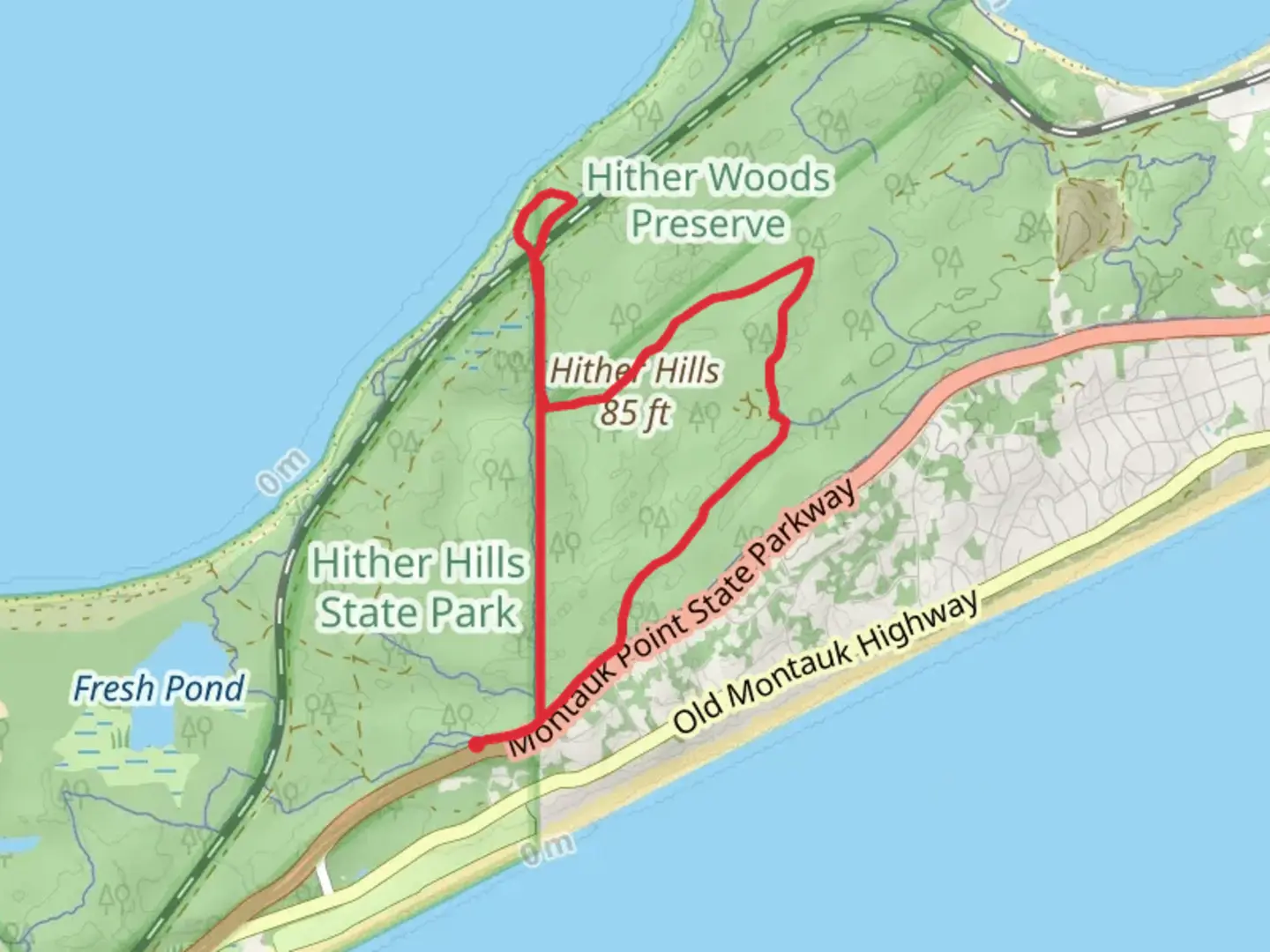 An image depicting the trail Split Rock Road and Stephen Talkhouse Path Loop and its surrounding area.