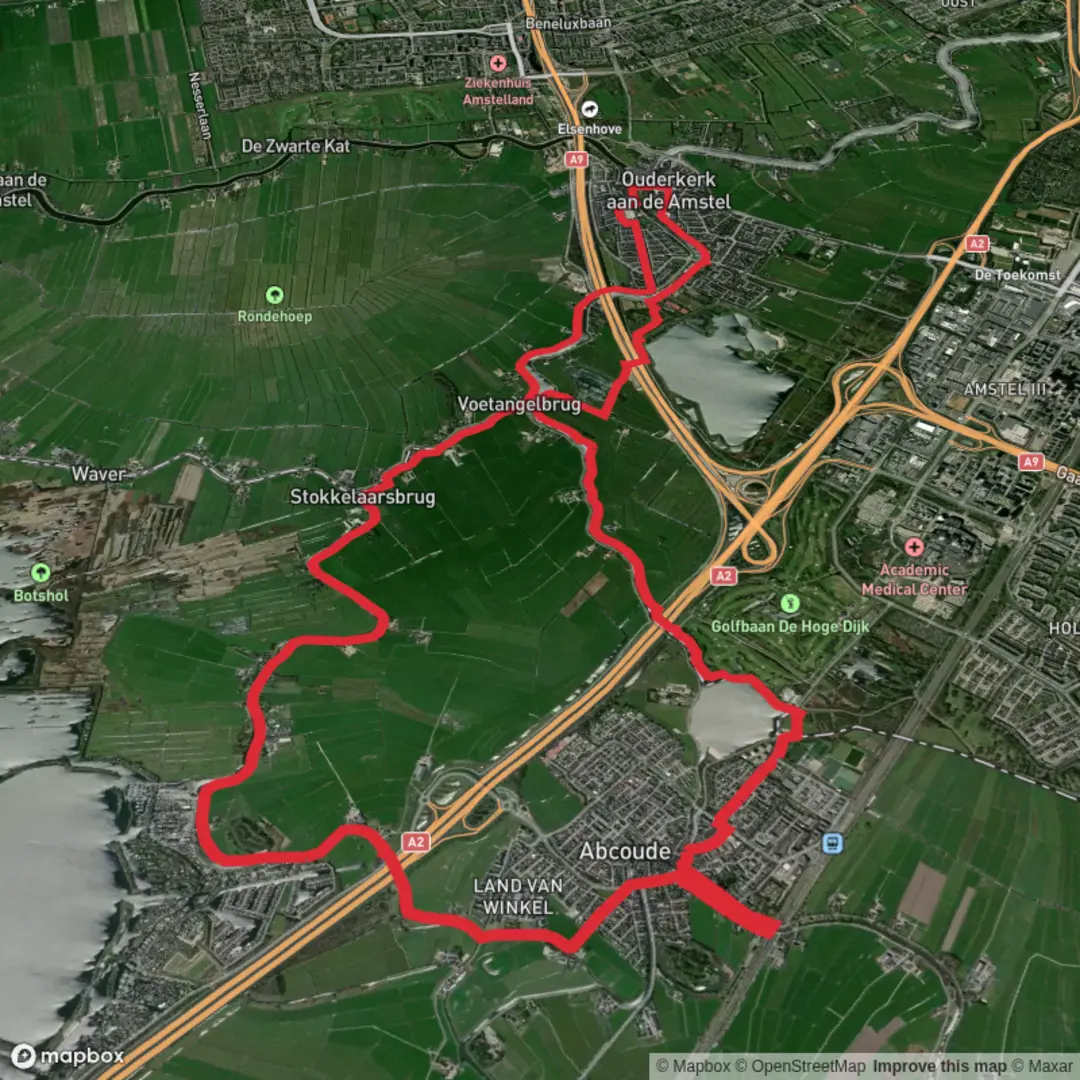 An image depicting the trail Abcouder Meer, Fort aan de Winkel and Voetangelbrug via Holendrechtroute and its surrounding area.