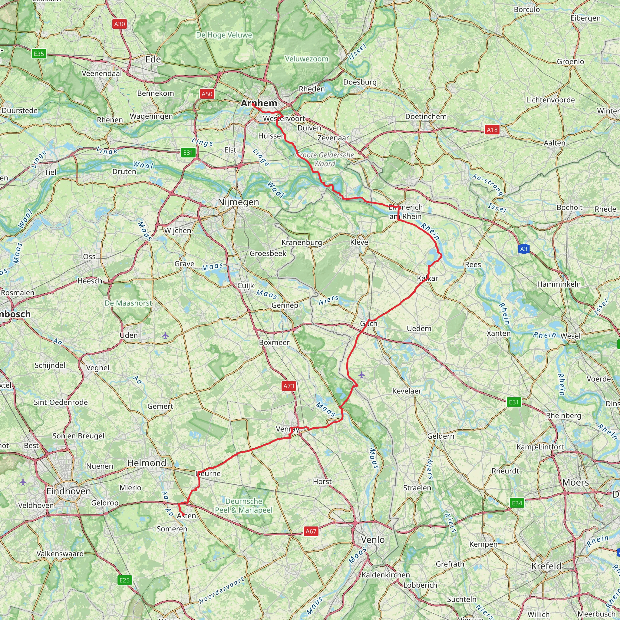 Arnhem to Asten via Kleine Pley, Bijlandseweg and Wezerweg mobile static map