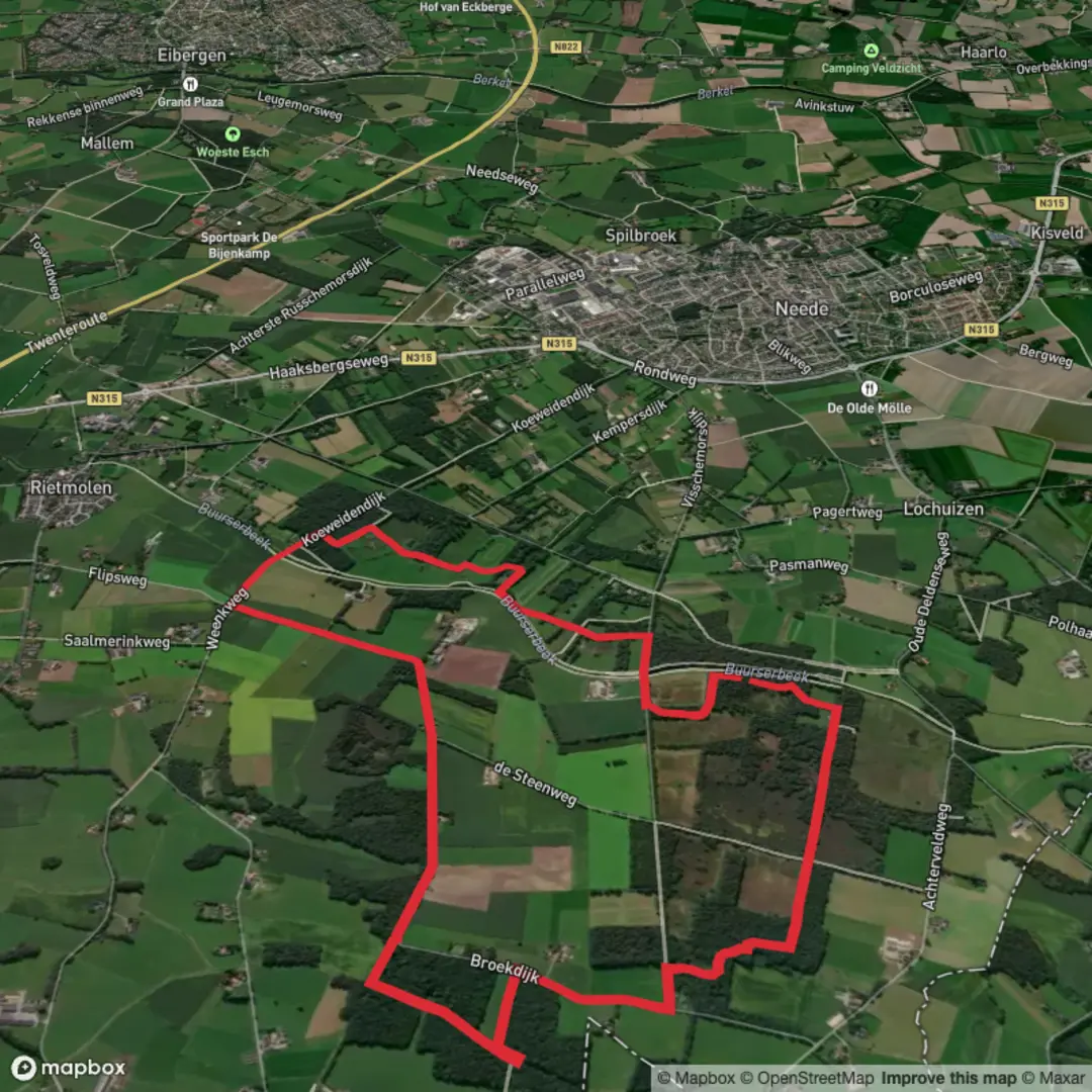 An image depicting the trail Needs Achterveld Route and Flips Weg Loop and its surrounding area.