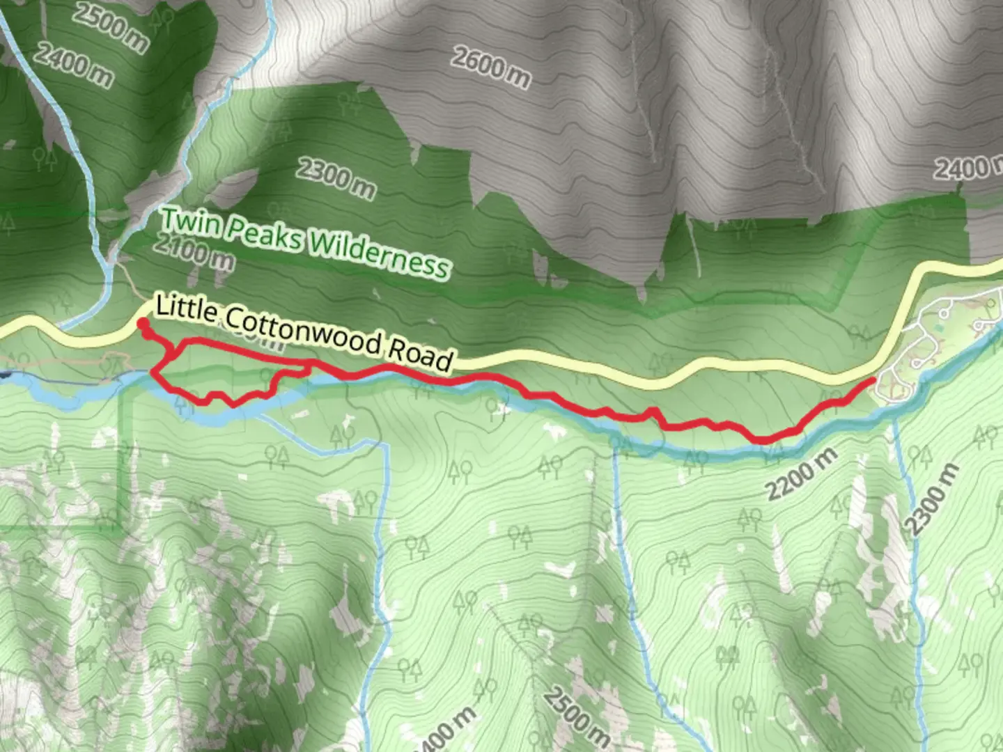 An image depicting the trail LCC Winter Trail and Little Cottonwood Creek and its surrounding area.