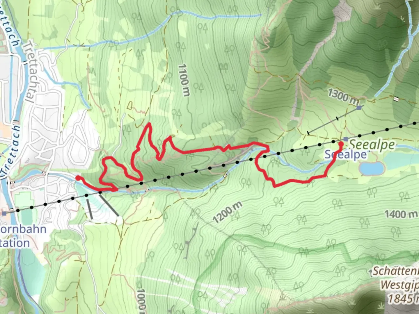 An image depicting the trail Seealpe to Schattenbergstadion Via Alpina Purple A66 and its surrounding area.