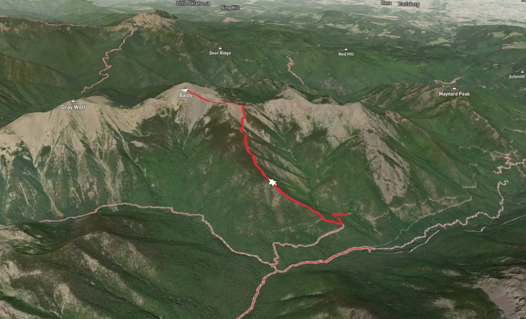 An image depicting the trail Baldy and East Baldy via Lower Maynard Burn Trail and its surrounding area.