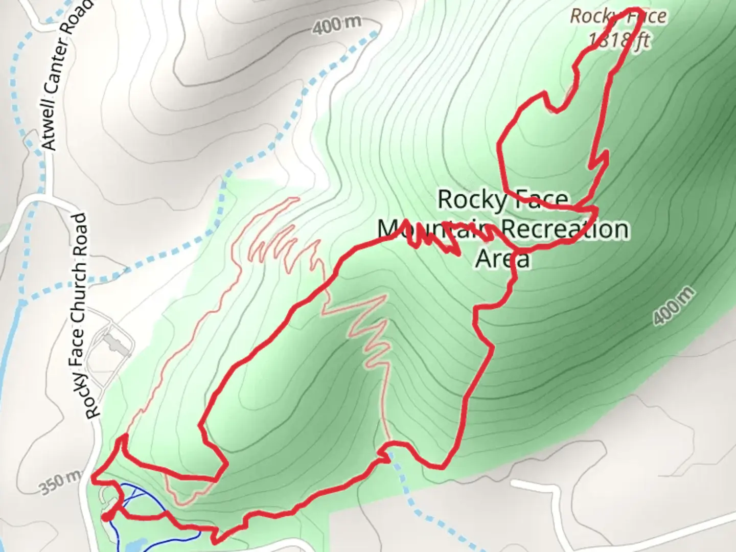 An image depicting the trail Rocky Face and Hollow Rock Loop Trail and its surrounding area.
