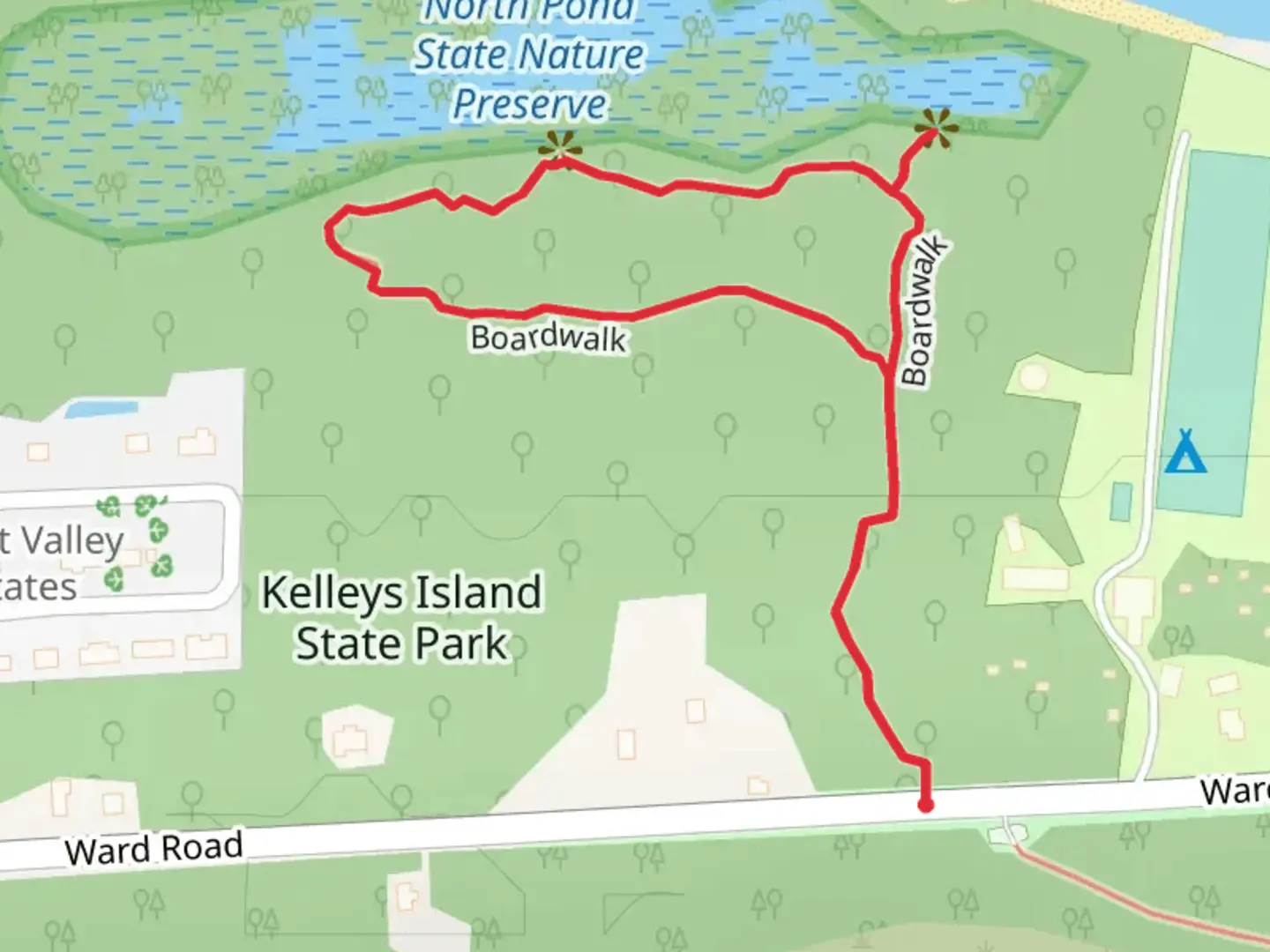 An image depicting the trail Boardwalk Loop from Ward Road and its surrounding area.