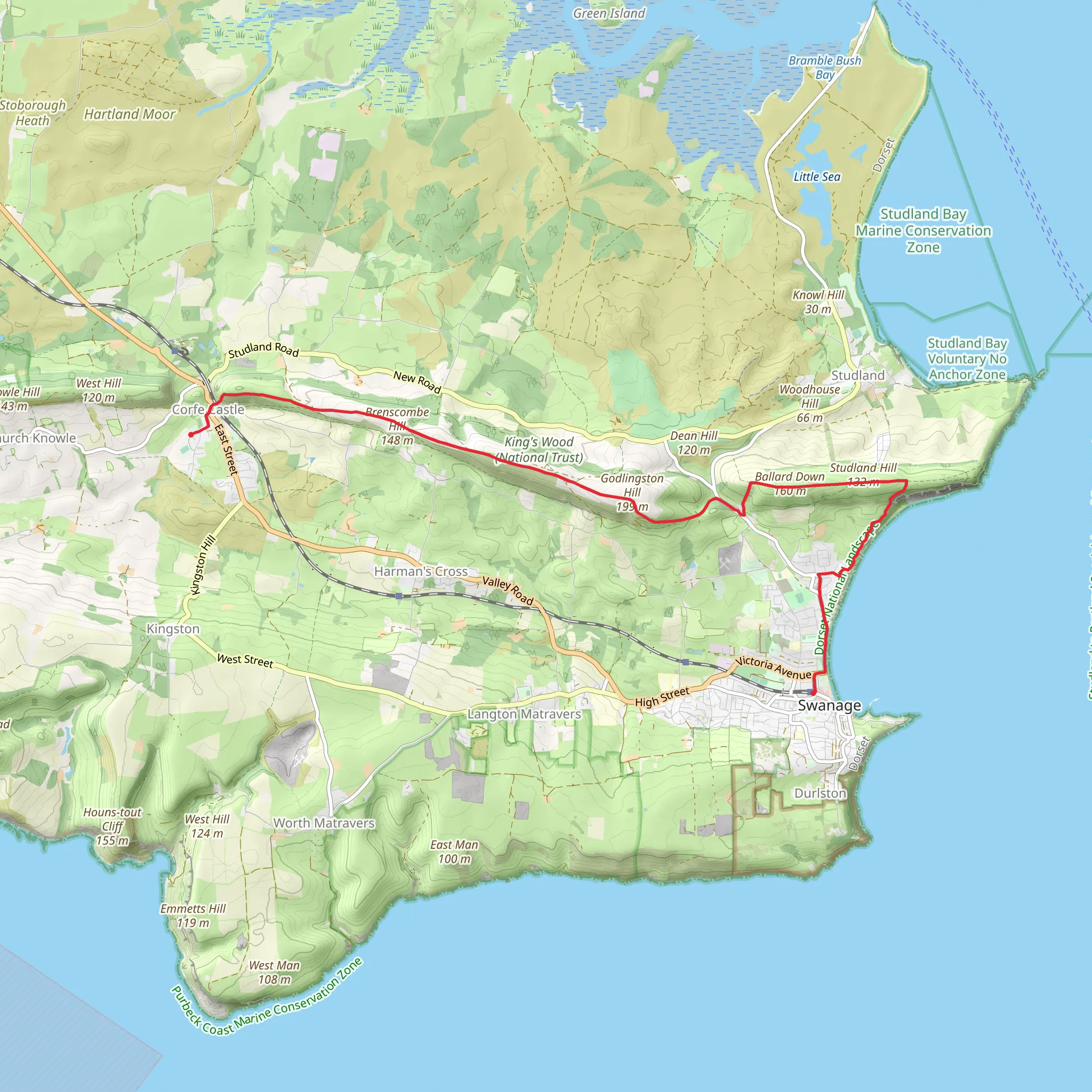 East Hill and Ballard Down via Purbeck Way mobile static map