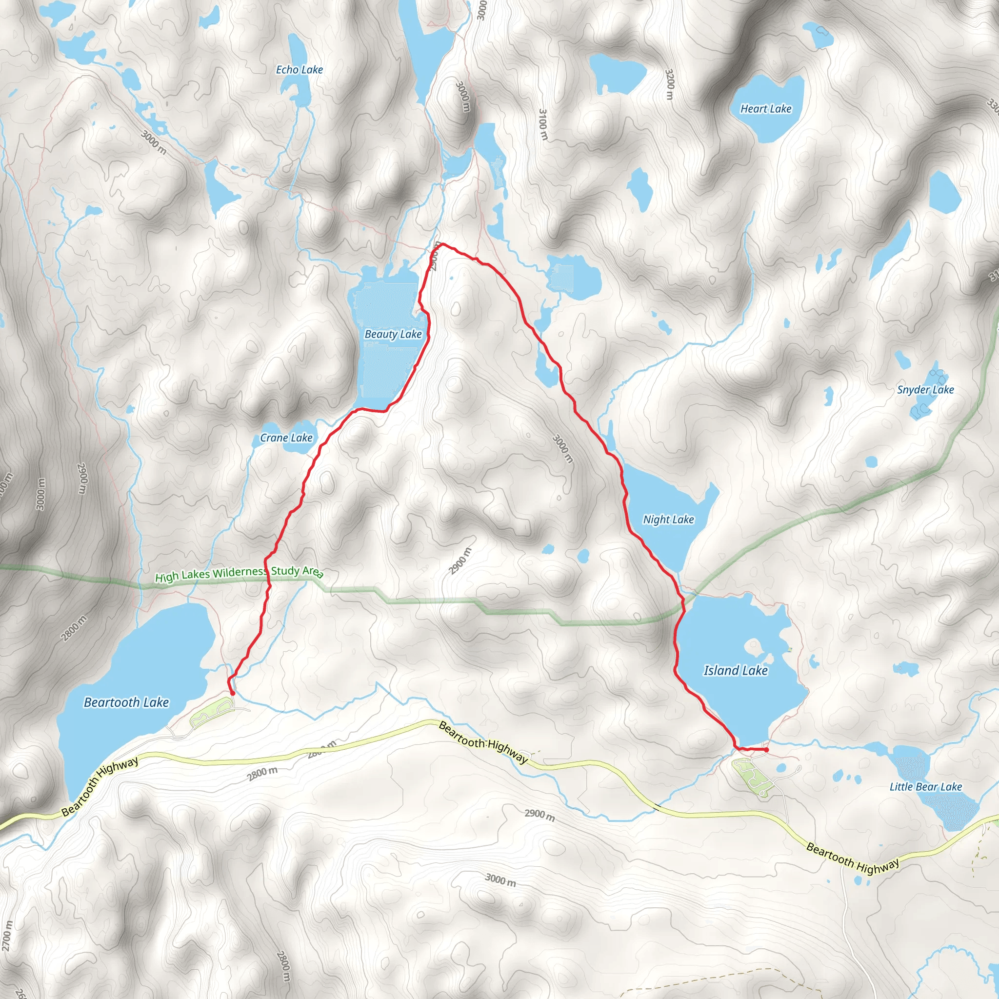 Island Lake - Night Lake - Beauty Lake - Beartooth High Lakes Trail mobile static map
