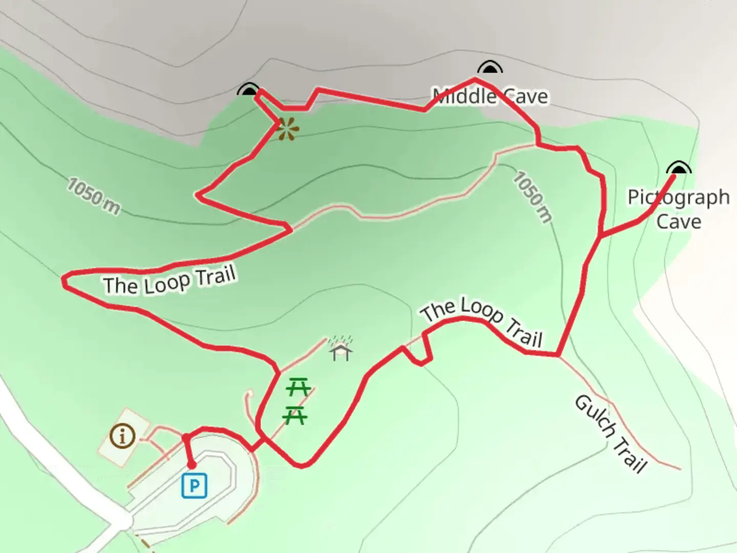 An image depicting the trail Pictograph Cave State Park Loop and its surrounding area.