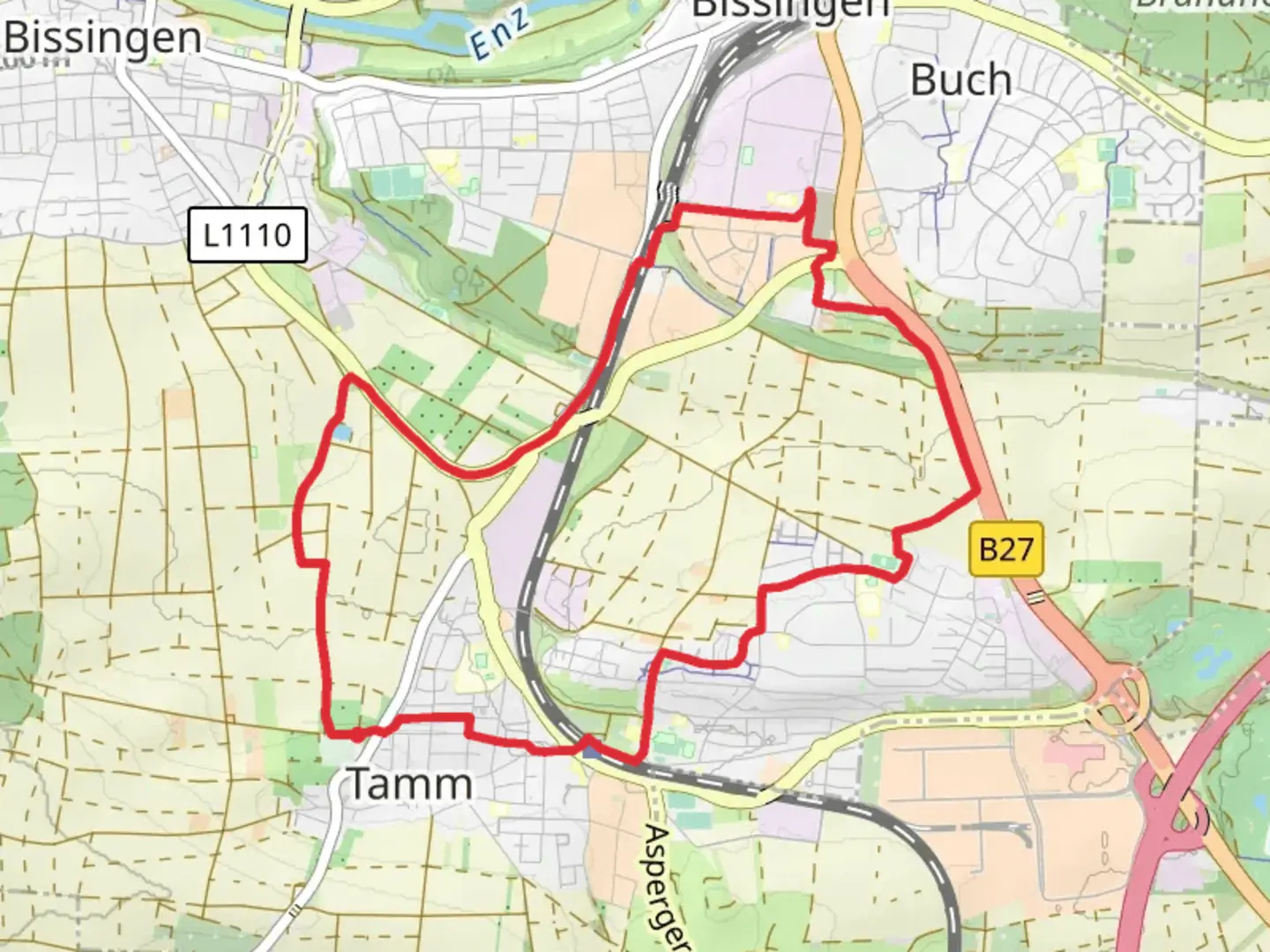 An image depicting the trail Tamm and Wohngebiet Buch Loop and its surrounding area.