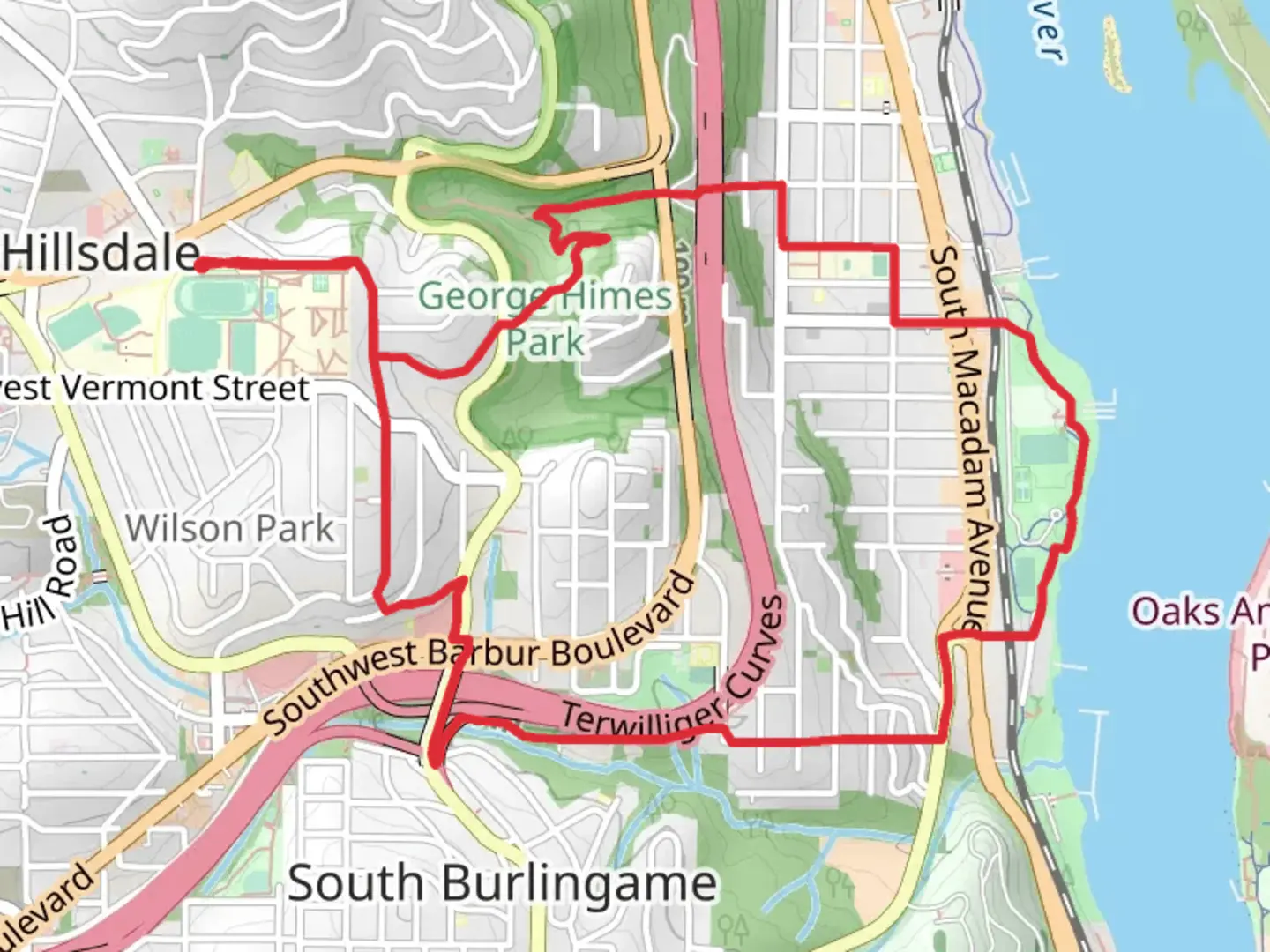 An image depicting the trail George Himes, Willamette Greenway and Red Electric Loop Trail and its surrounding area.