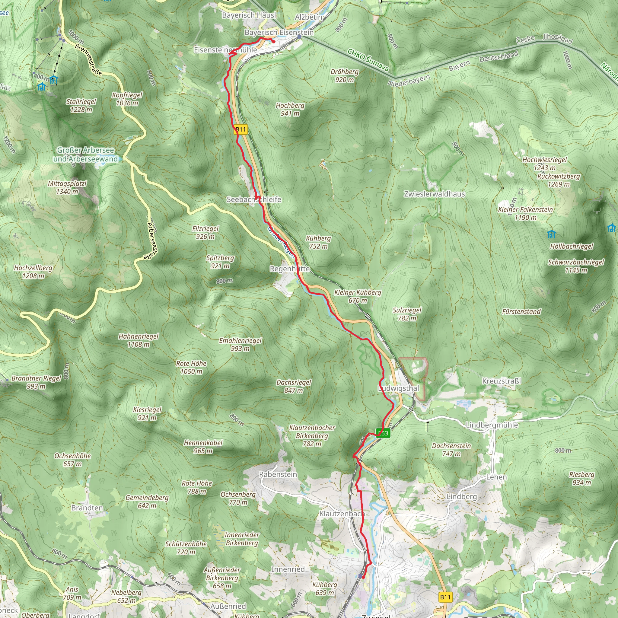 Zwiesel to Bayerisch Eisenstein Walk via Großer Regen mobile static map