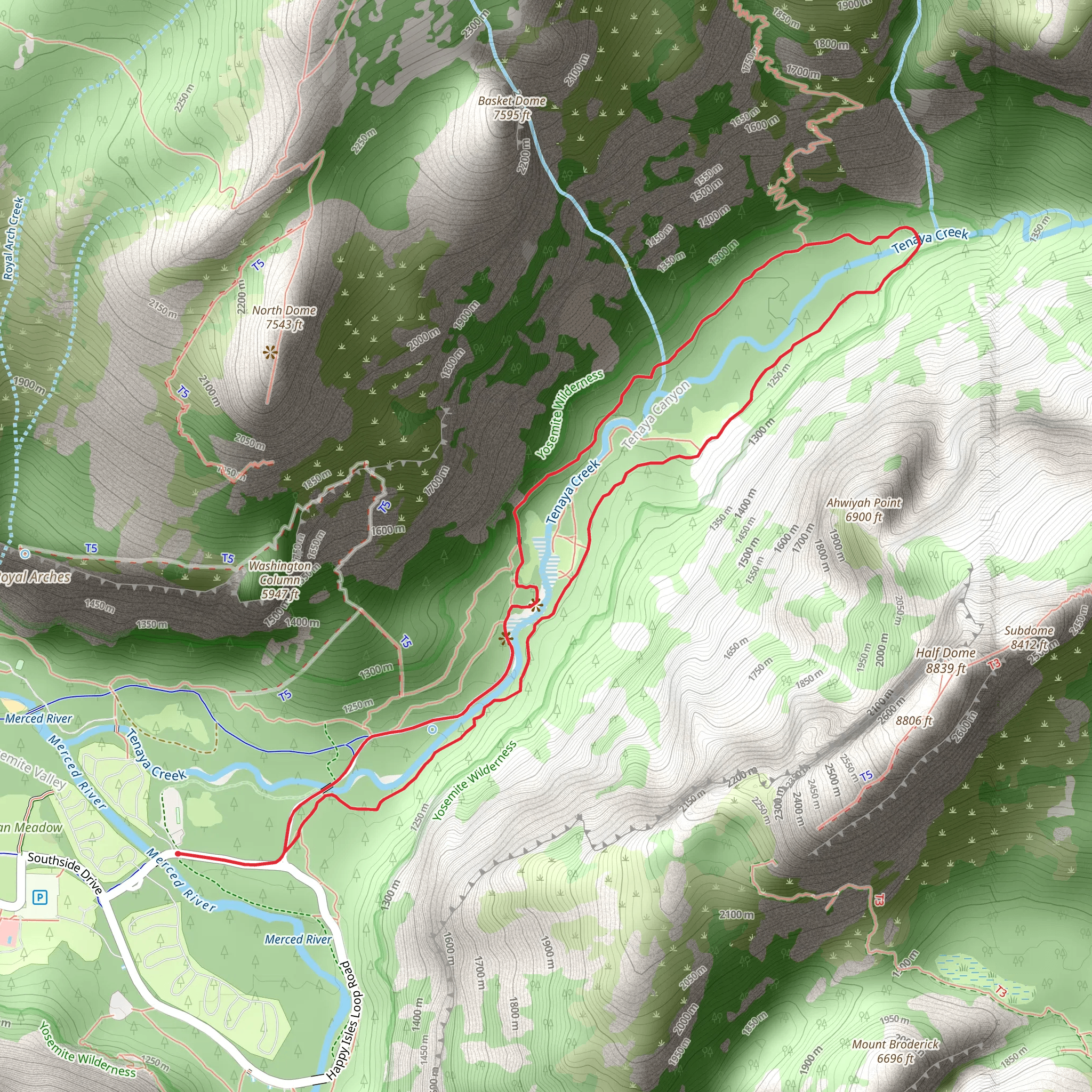 Upper and Lower Mirror Lakes via Yosemite Valley Loop Trail mobile static map