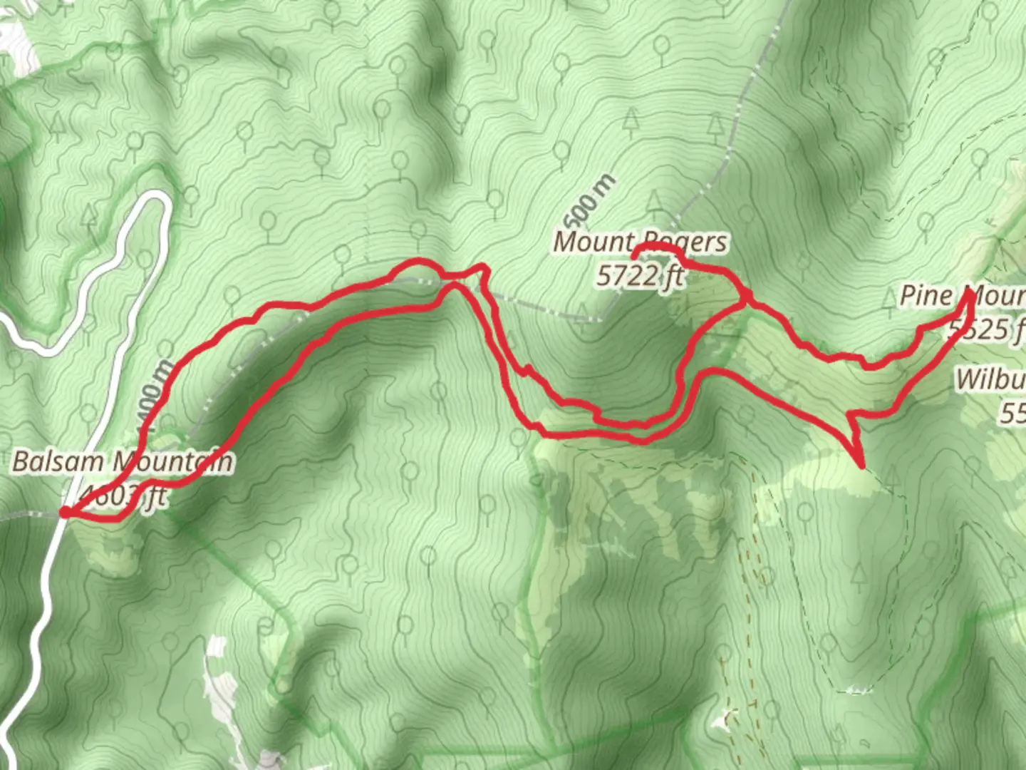 An image depicting the trail Balsam Mountain and Pine Mountain Loop via Appalachian Trail and its surrounding area.