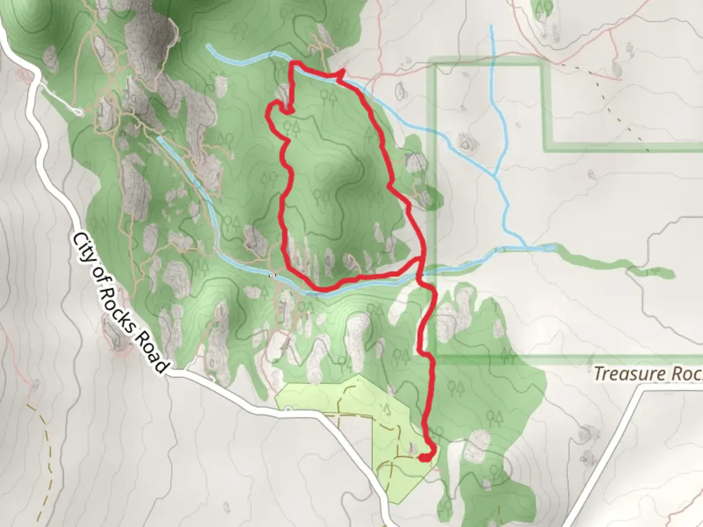 An image depicting the trail Box Top and Bumblie Wall Loop Trail and its surrounding area.