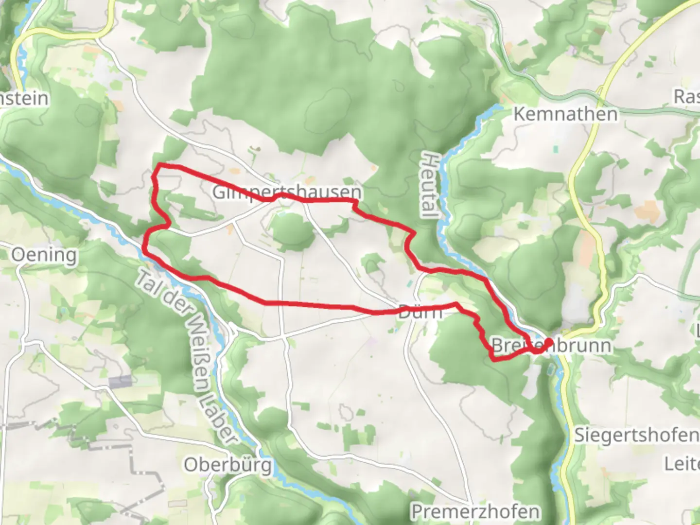 An image depicting the trail Breitenbrunn Loop and its surrounding area.
