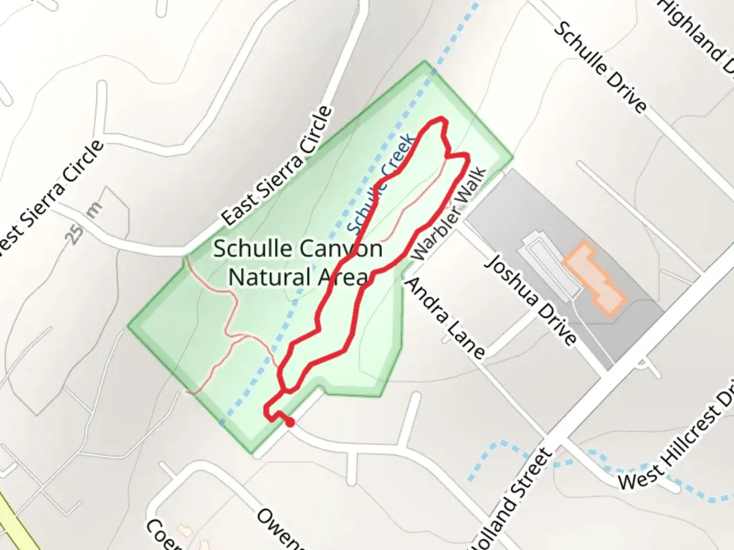 An image depicting the trail Warbler and Virginia Witte Way Loop Trail and its surrounding area.