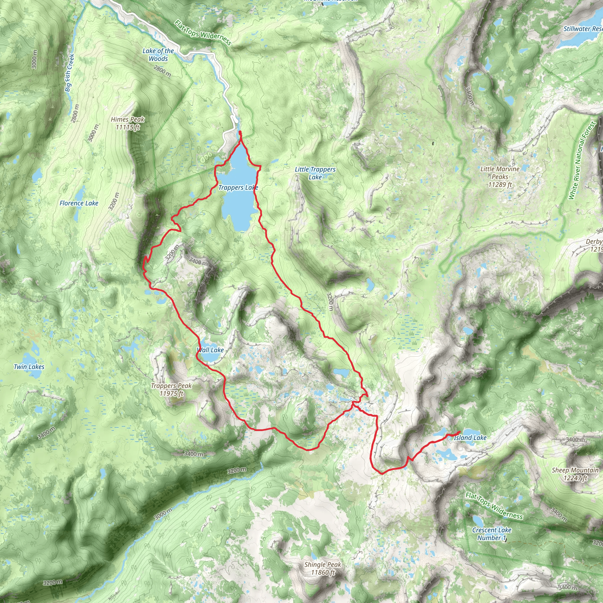 Trappers Lake, Wall Lake, Parvin Lake and Island Lake Loop mobile static map