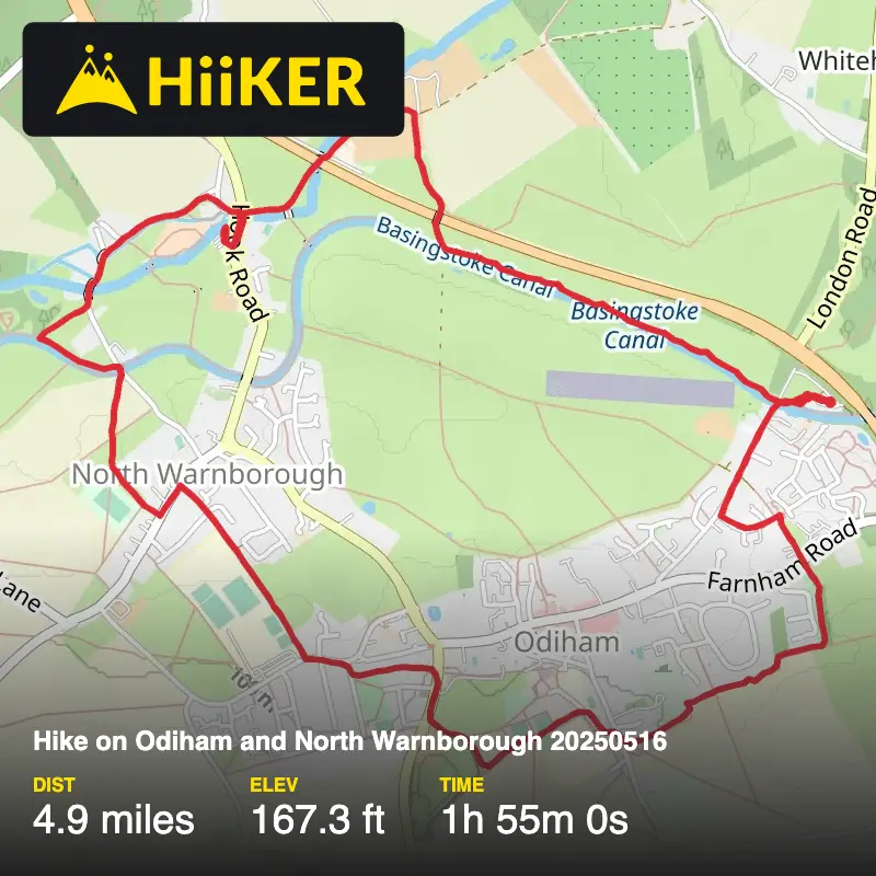 A map preview of the recording Hike on Odiham and North Warnborough 20250516.
