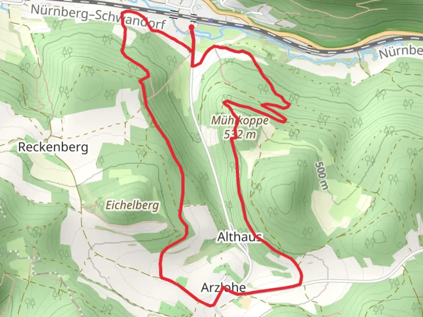 An image depicting the trail Mühlkoppe Rundweg and its surrounding area.