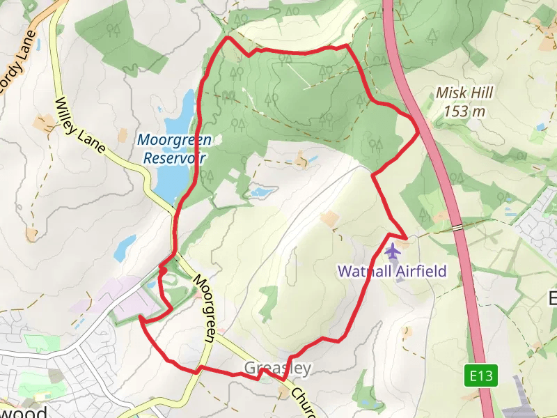 Greasley and Moorgreen Reservoir from Eastwood mobile static map