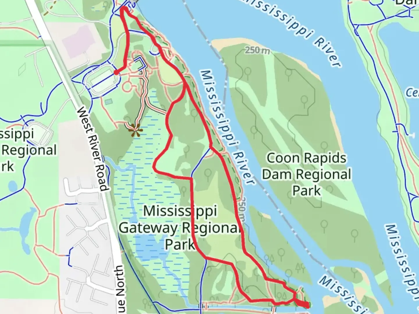 An image depicting the trail Mississippi Gateway Regional Park Loop and its surrounding area.