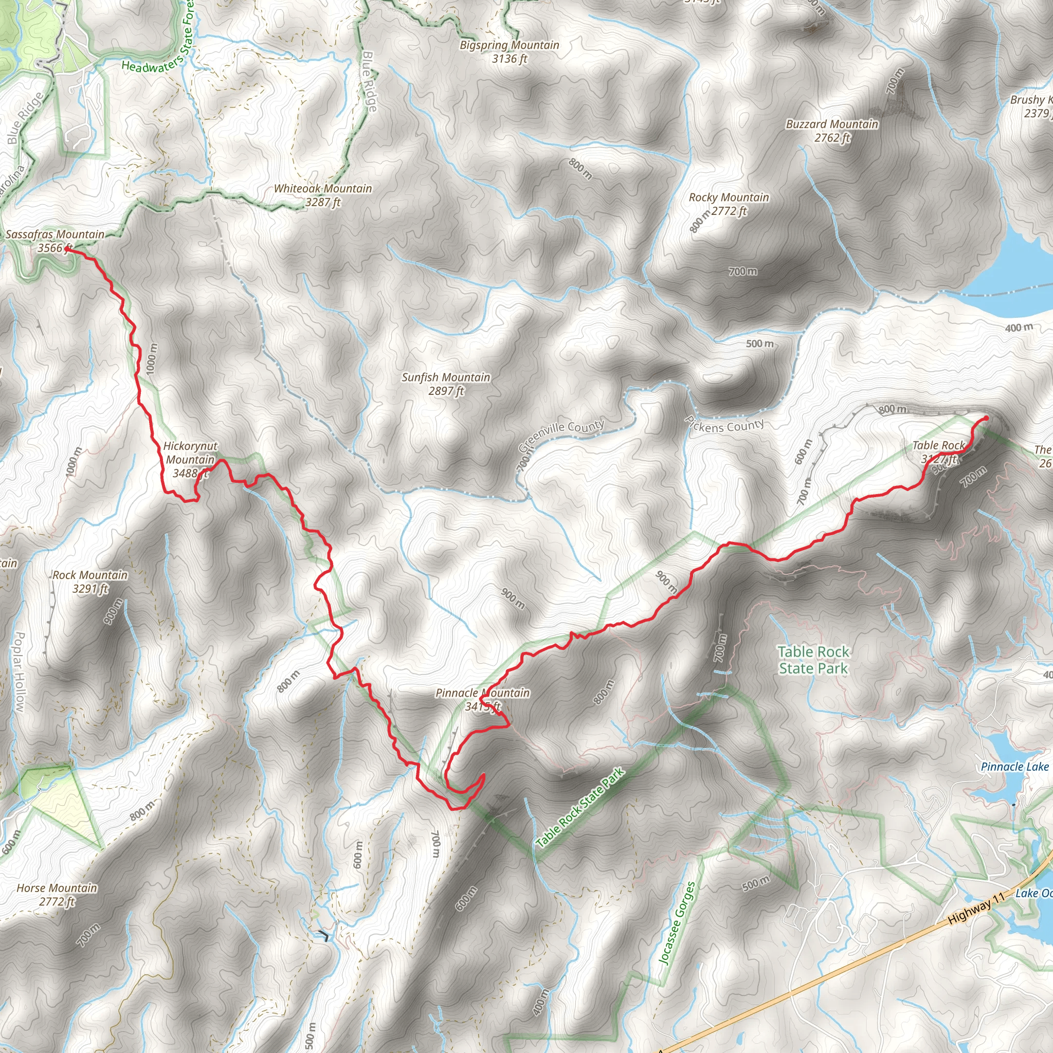 Table Rock and Hickorynut Mountain from Sassafras Mountain mobile static map