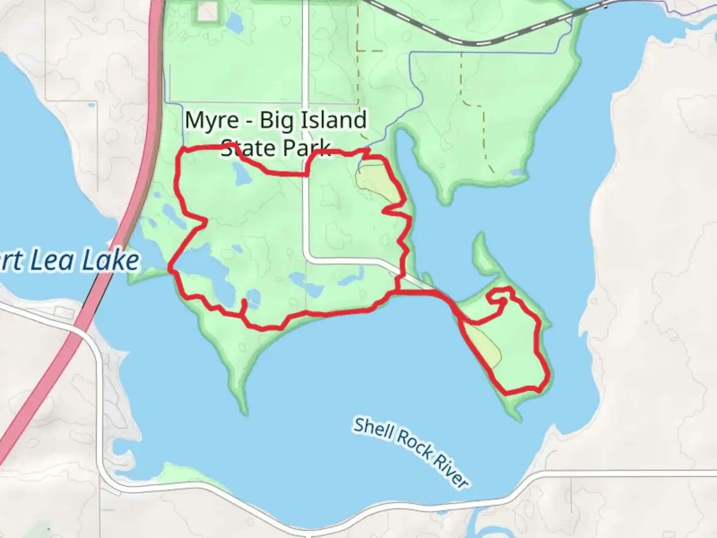 An image depicting the trail Big Island Trail and Blazing Star State Loop Trail and its surrounding area.
