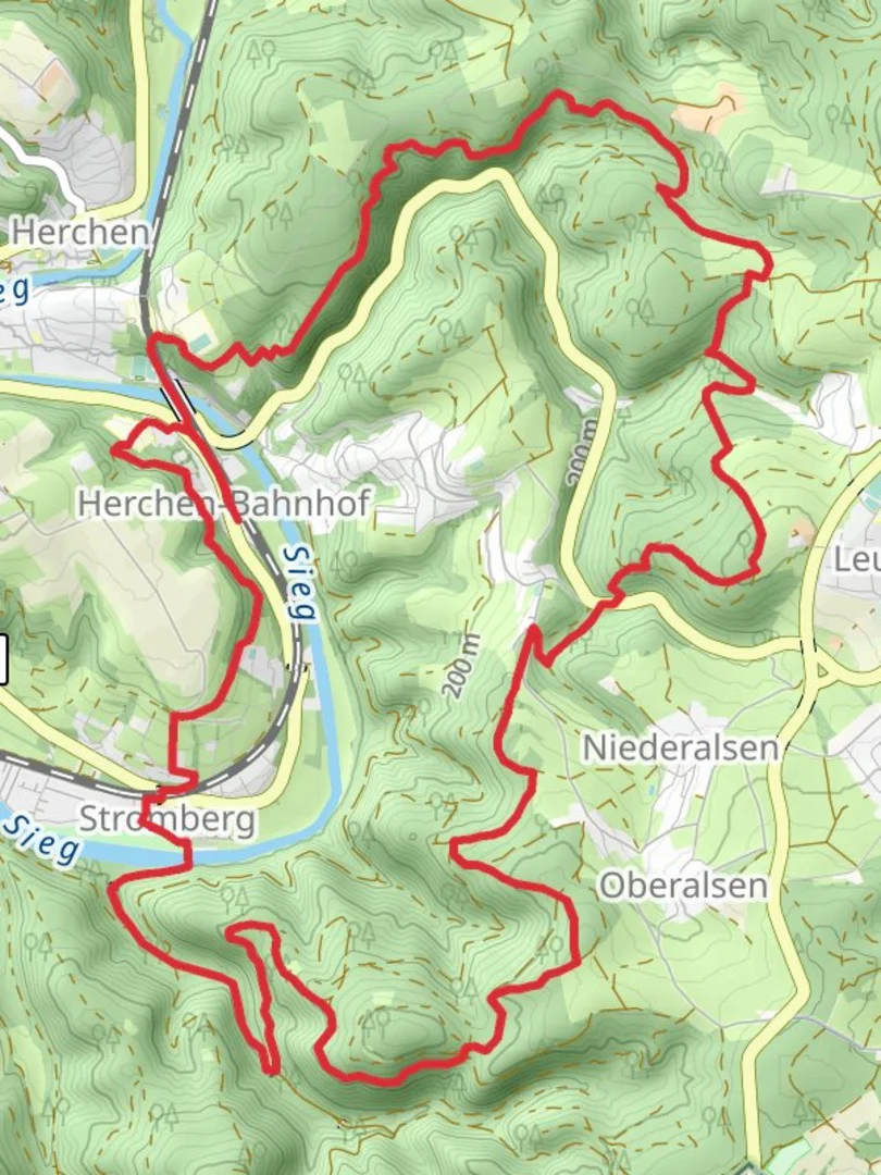 An image depicting the trail Herchen Loop via Stromberg and Sieg and its surrounding area.