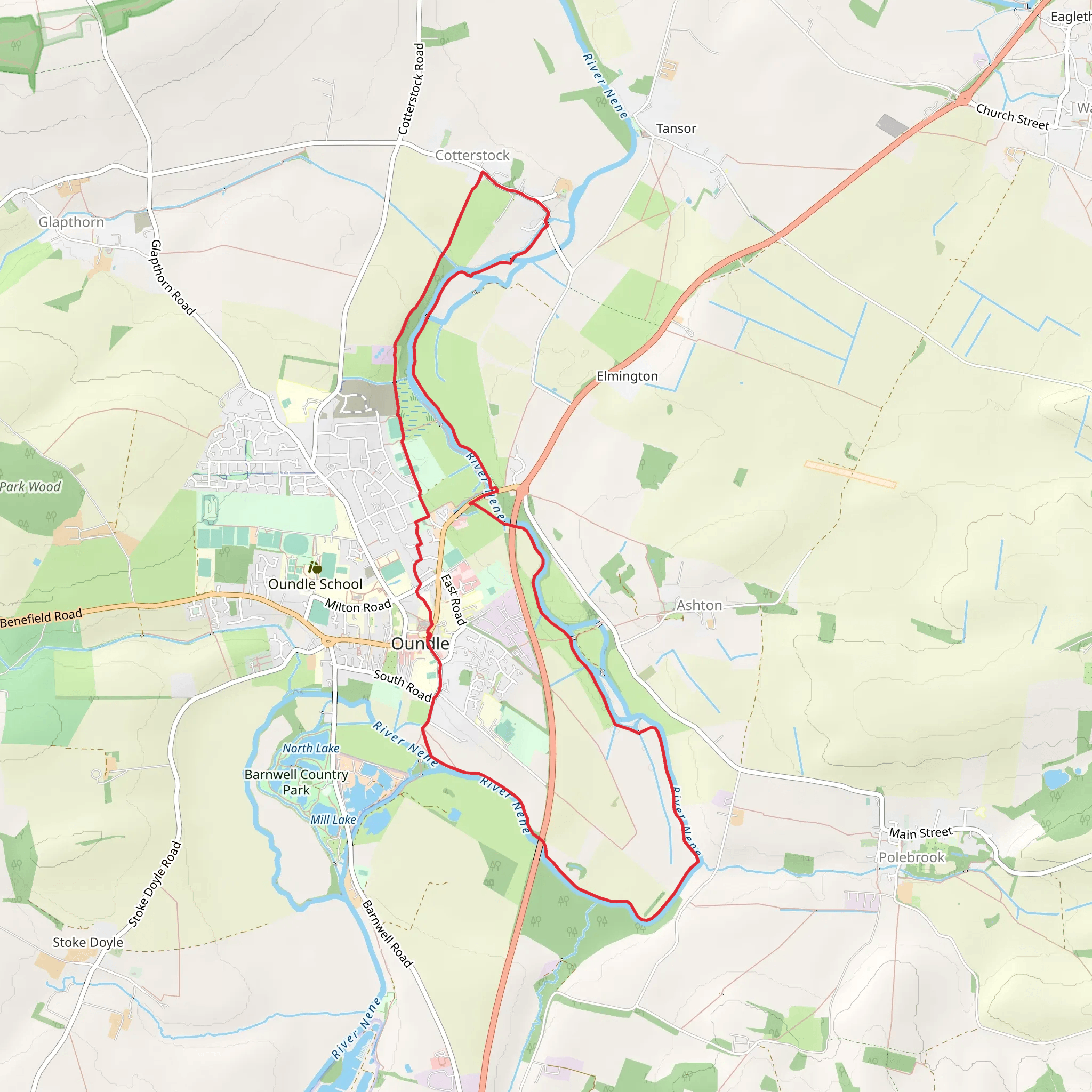 Oundle and Cotterstock Loop mobile static map