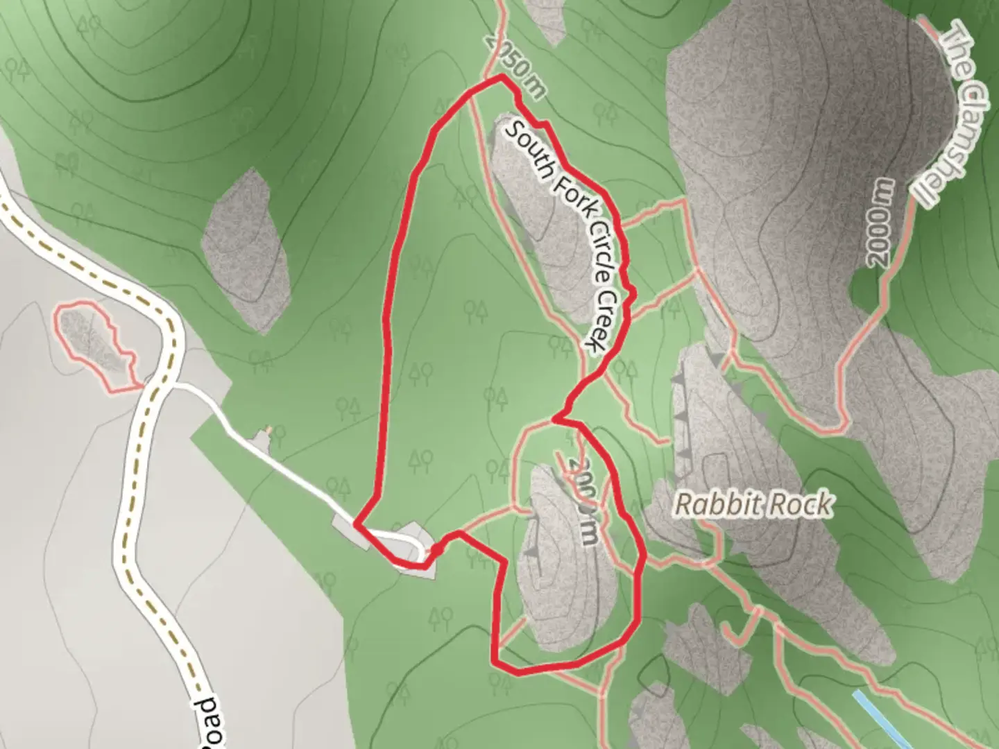 An image depicting the trail South Fork Circle Creek and Creekside Towers Loop Trail and its surrounding area.