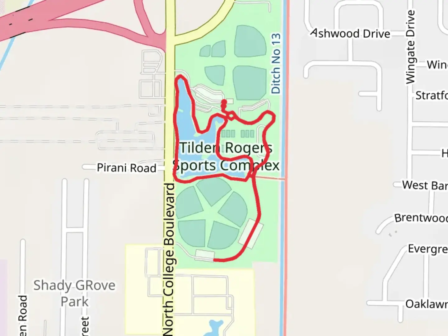 An image depicting the trail Tilden Rogers Sports Complex Loop and its surrounding area.