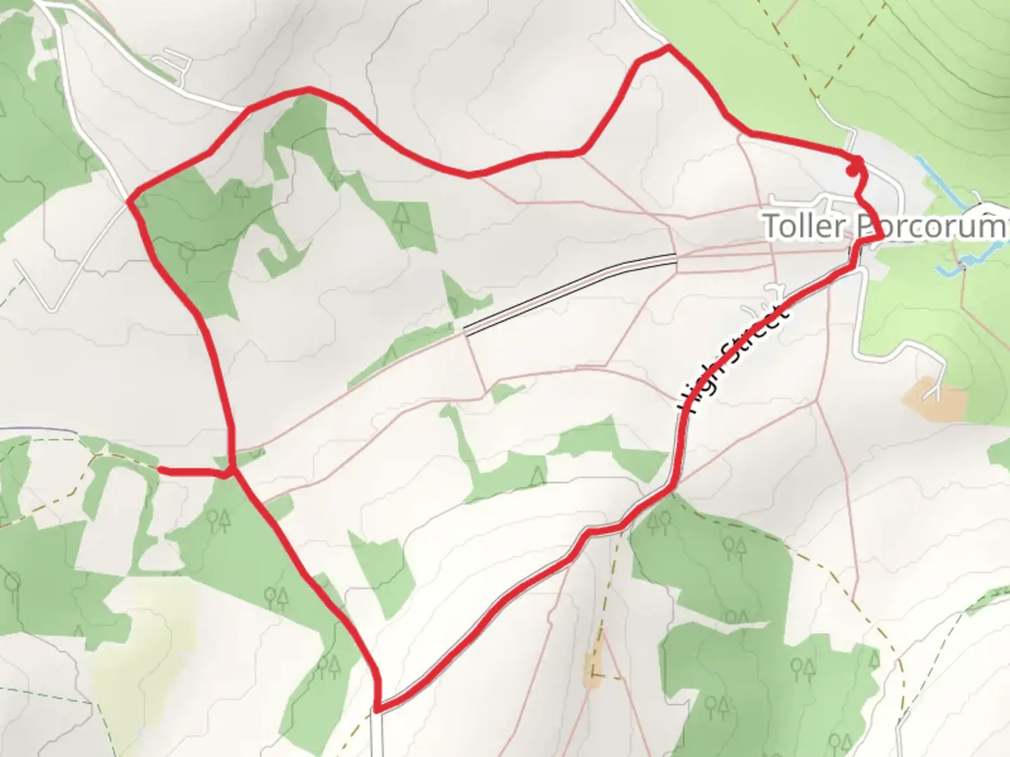 An image depicting the trail Toller Porcorum Park Loop and its surrounding area.