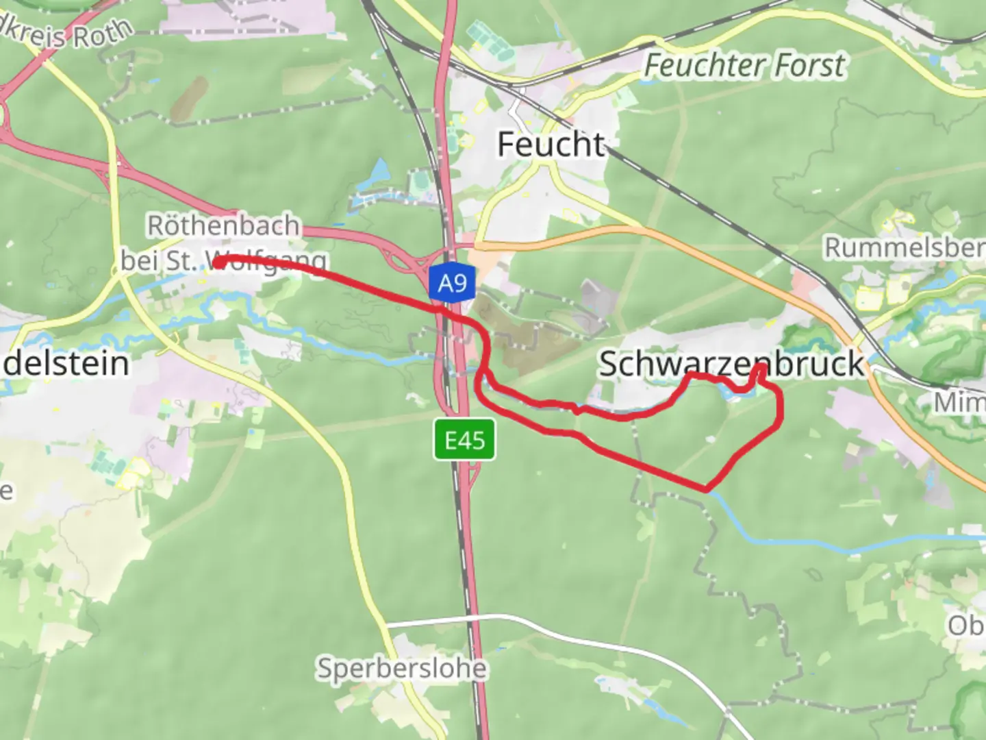 An image depicting the trail Schwarzach via Schwarzenbruck Wanderweg and Am Ludwig Donau Main Kanal and its surrounding area.