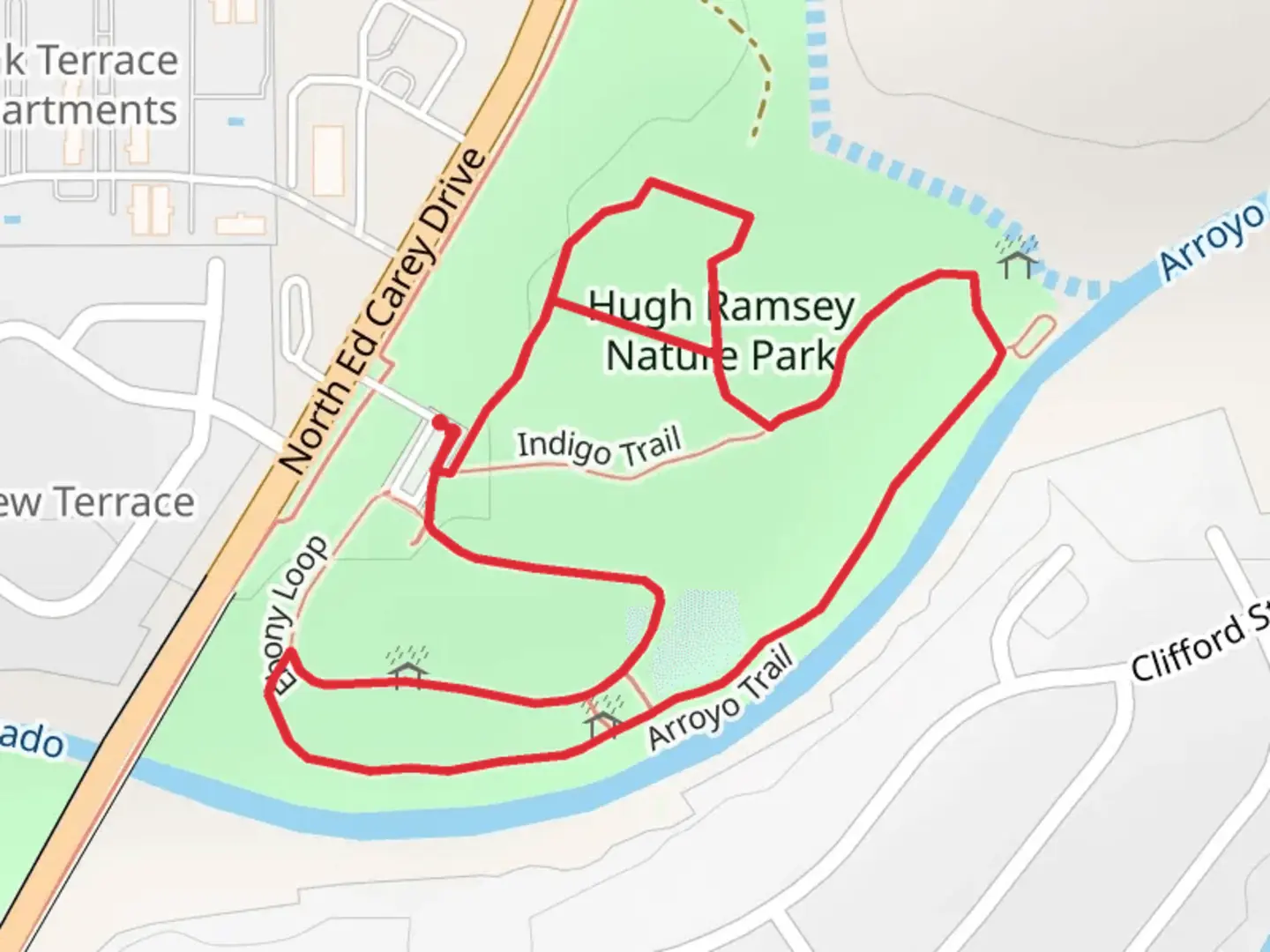 An image depicting the trail Hugh Ramsey Nature Park Loop and its surrounding area.