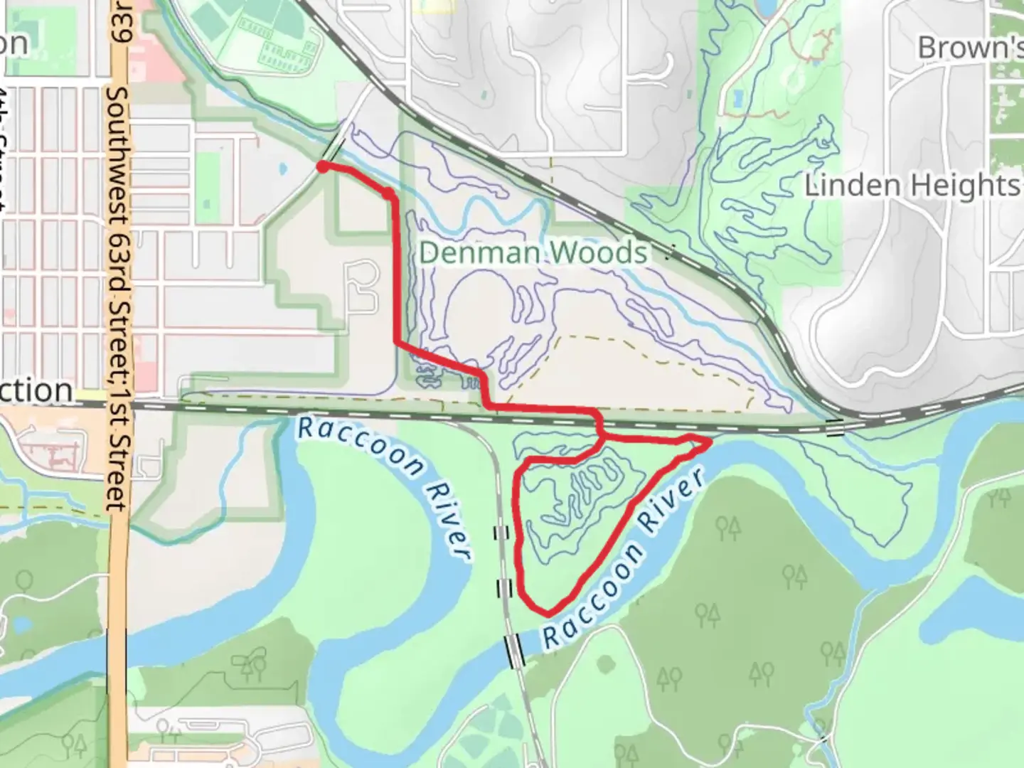 An image depicting the trail Squirrel's Nest Trail via Levee Trail and its surrounding area.