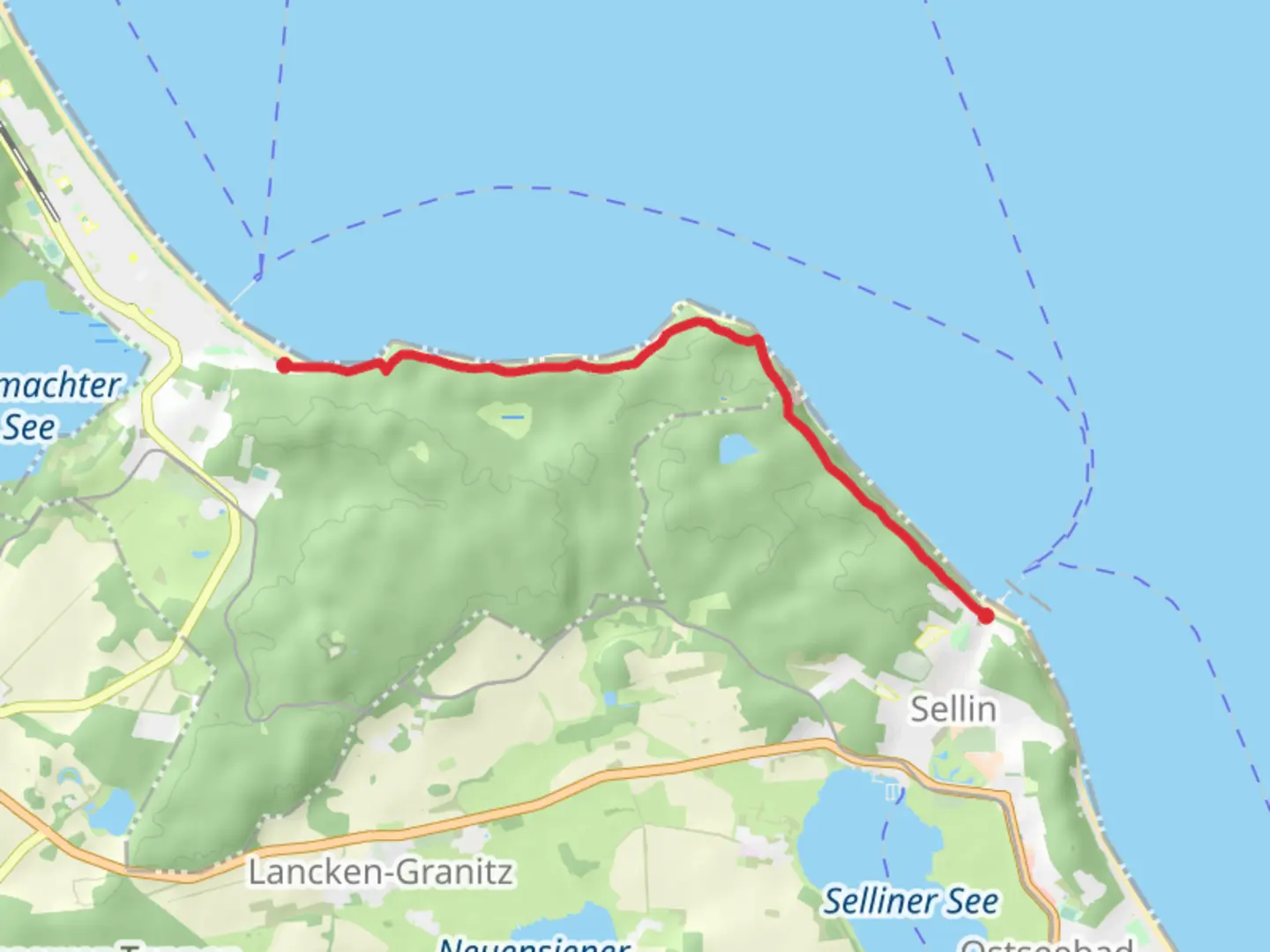 An image depicting the trail Kur Park to Sellin via Hochufer Wandeweg and its surrounding area.