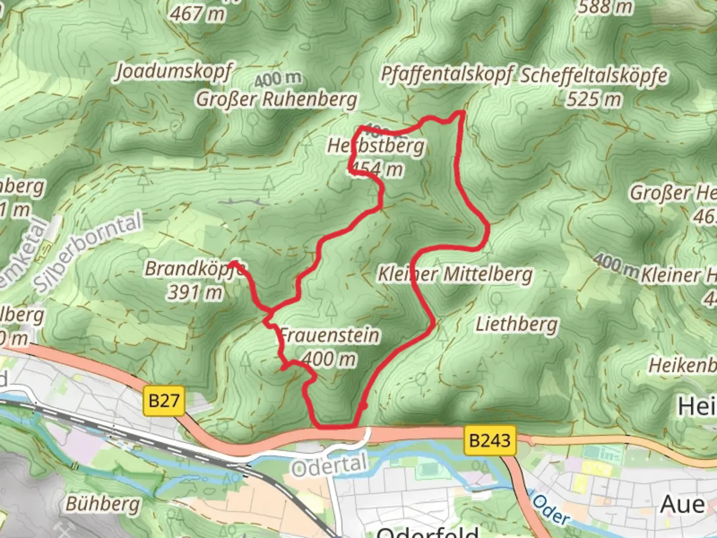 An image depicting the trail Herbstberg, Einhorn Hohle and Ruine Scharzfels Loop and its surrounding area.