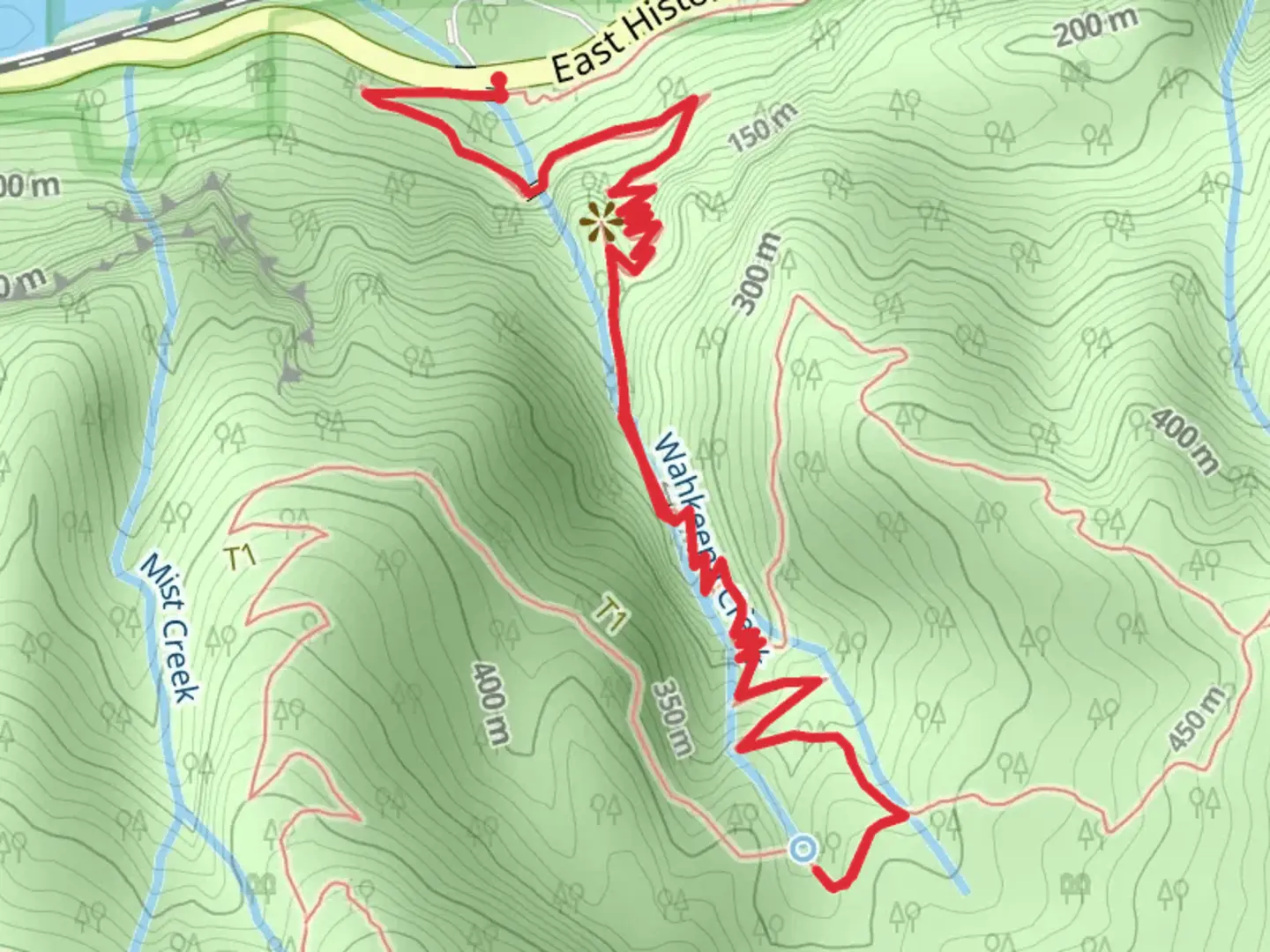 An image depicting the trail Wahkeena Trail Out and Back and its surrounding area.