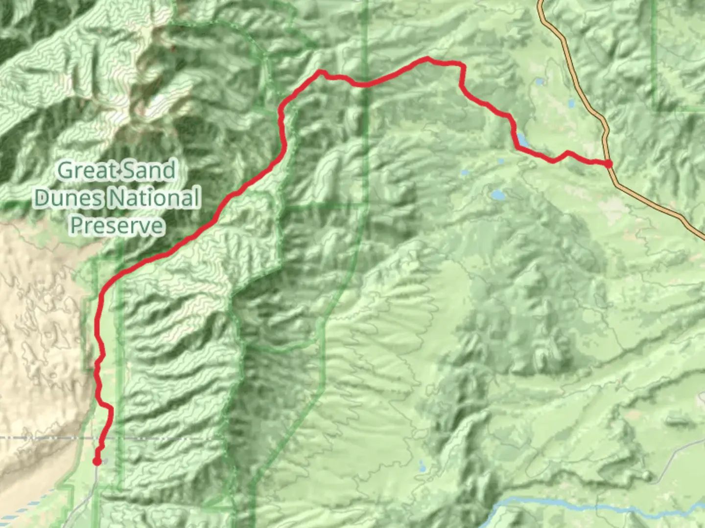 An image depicting the trail Medano Pass Primitive Road to Creager Reservoir and its surrounding area.