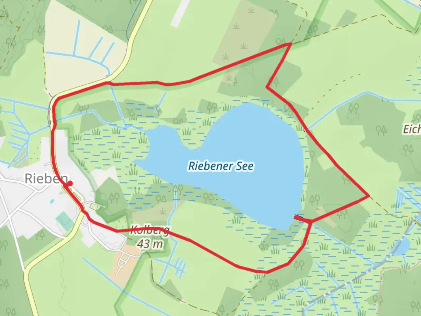 An image depicting the trail Riebener See Loop and its surrounding area.