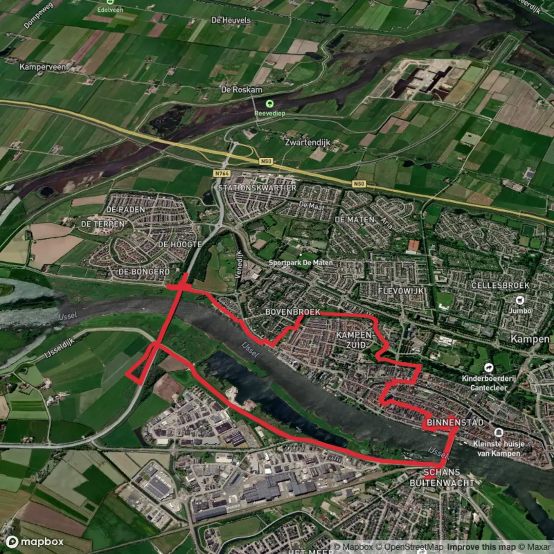 An image depicting the trail Zwolse Weg and Kamperstraat Weg via Ijssel and its surrounding area.