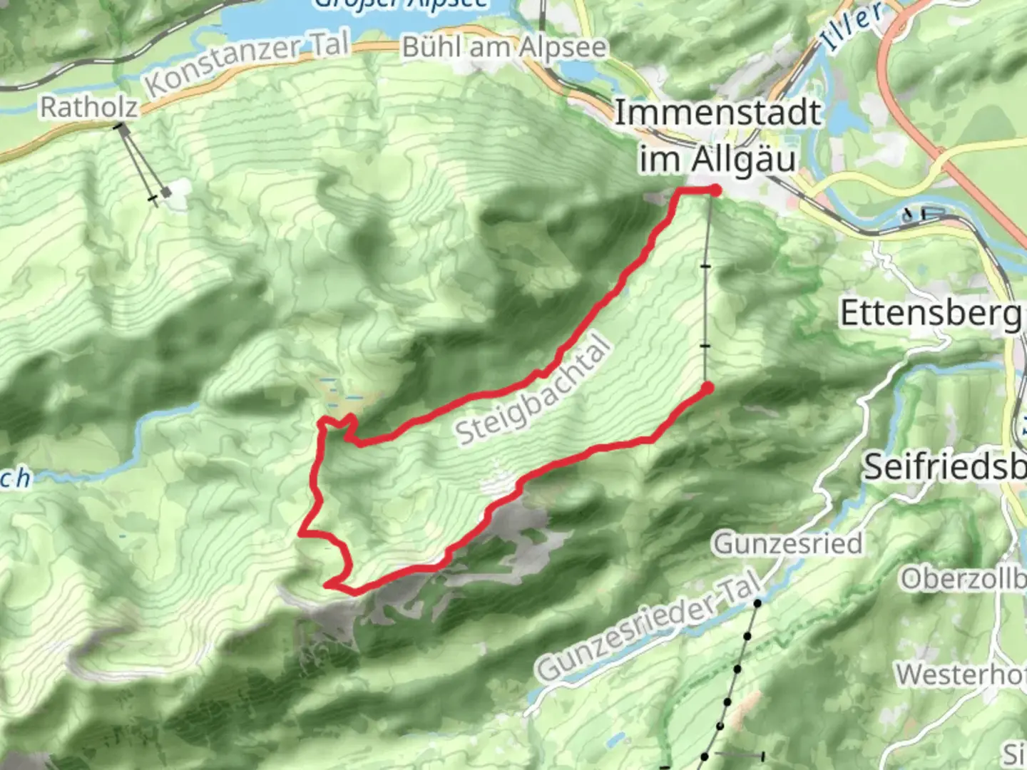 An image depicting the trail Mittag to In den via Steinkoepfle and Maximilians Weg and its surrounding area.