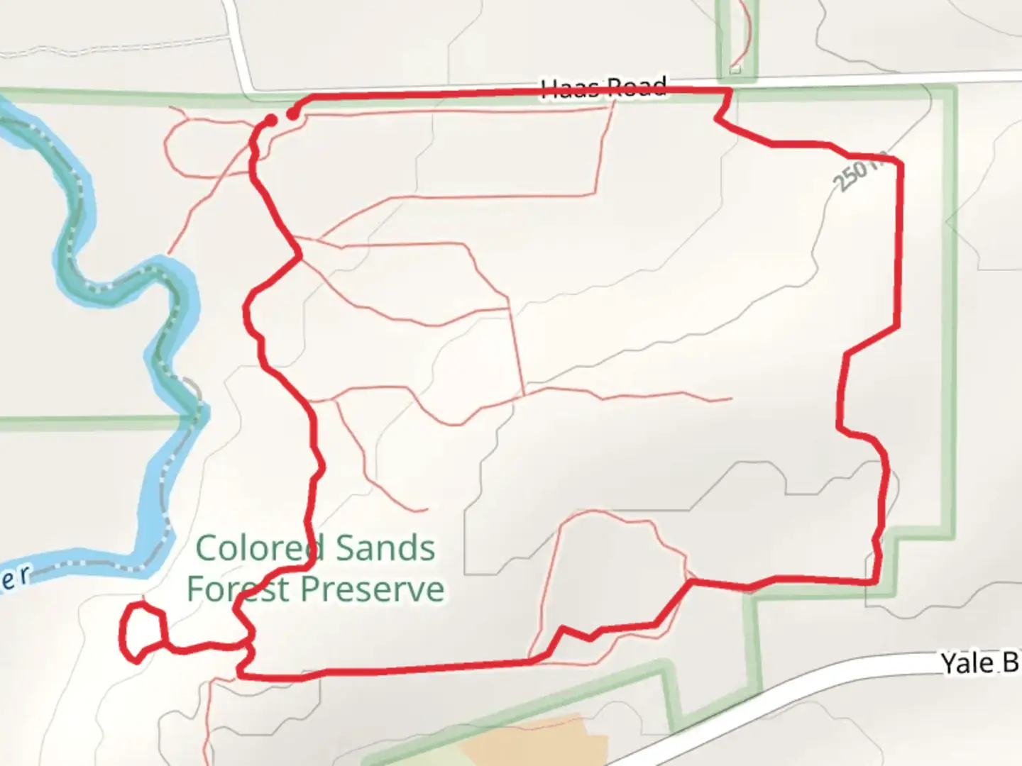 An image depicting the trail Colored Sands Forest Preserve Loop and its surrounding area.