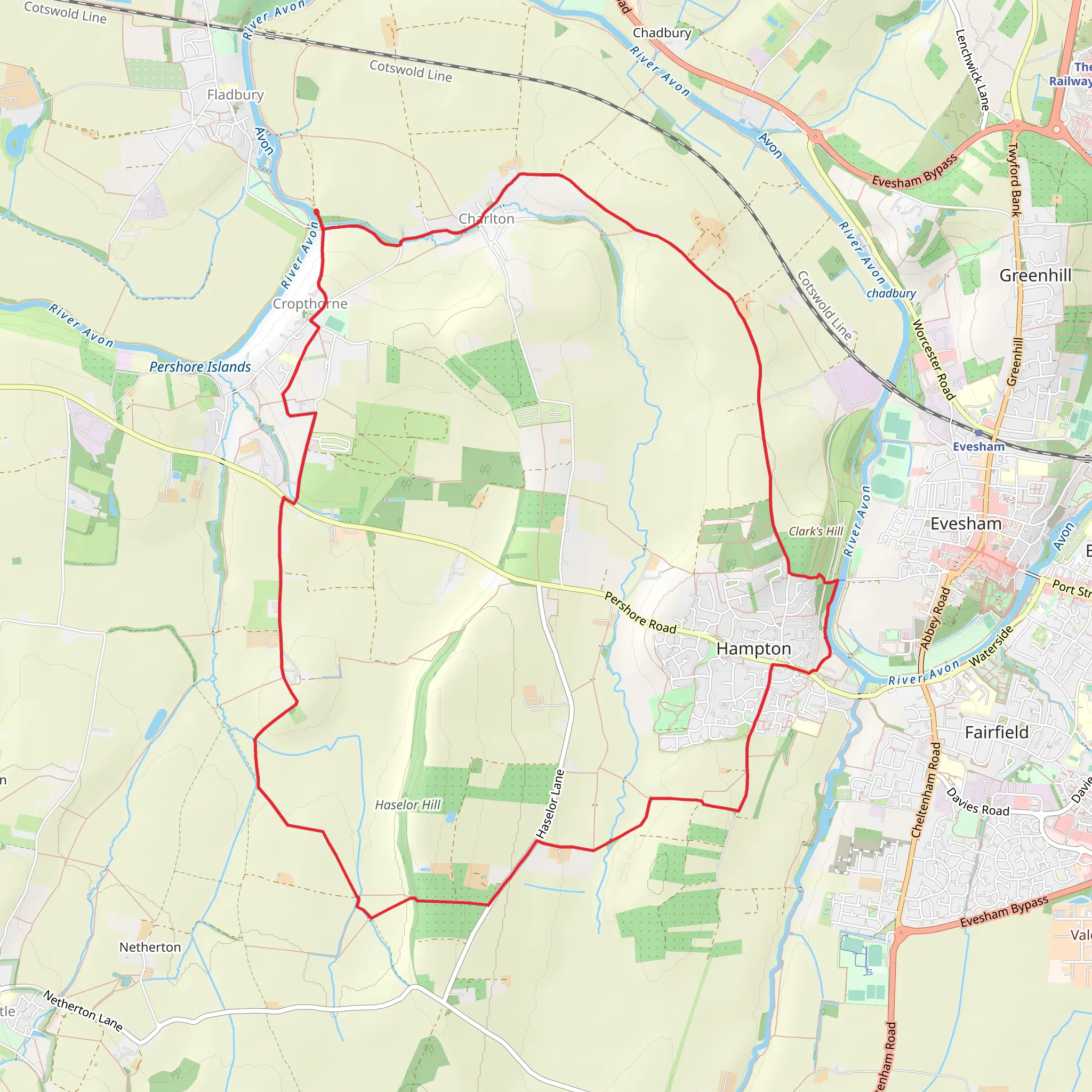 Evesham and Haselor Hill from Cropthorne mobile static map