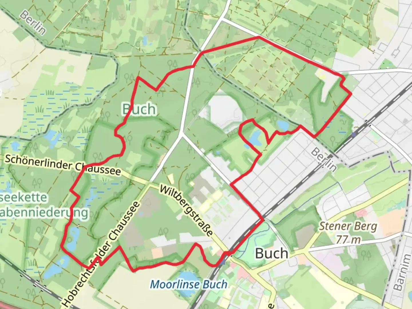 An image depicting the trail Bogensee and Sandhaeuser Loop and its surrounding area.